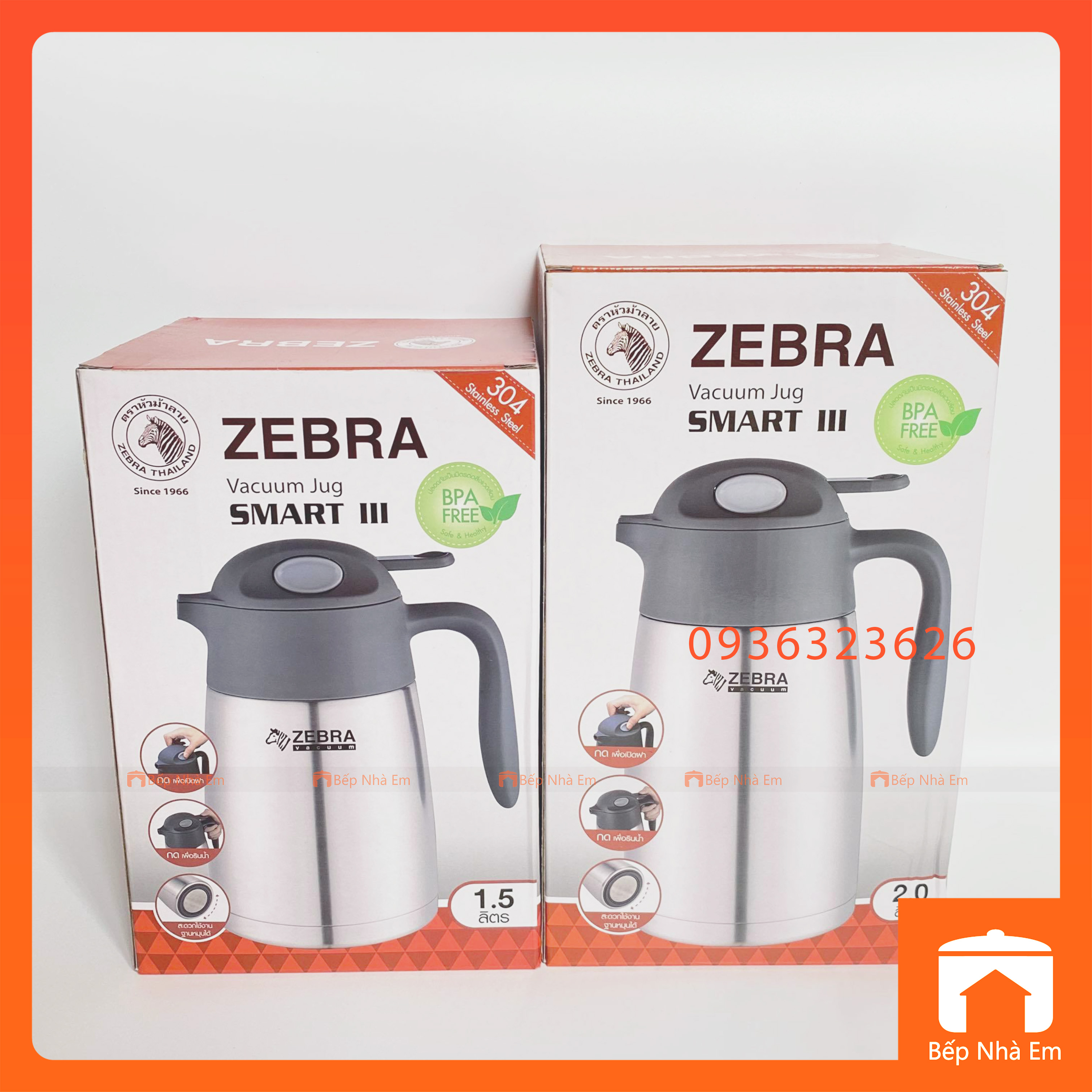 Bình Giữ Nhiệt ZEBRA Smart III Nắp Mở Thông Minh 1.5L - 2.0L - Hàng Nhập Khẩu Thái Lan