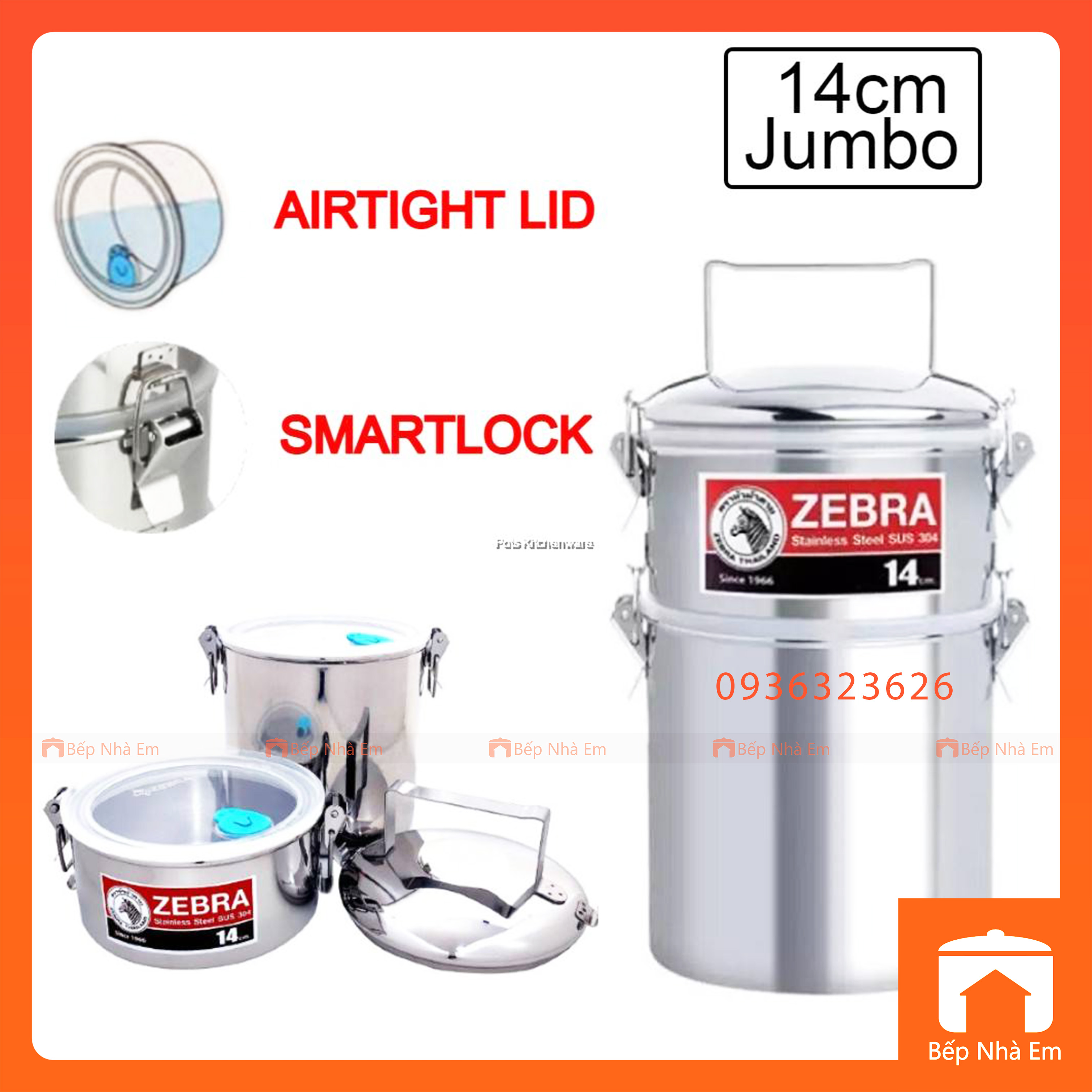 Camen Inox 304 ZEBRA 14cm x 2 Ngăn Nắp Nhựa Chống Tràn Tiện Dụng 150255 - Hàng Nhập Khẩu Thái Lan