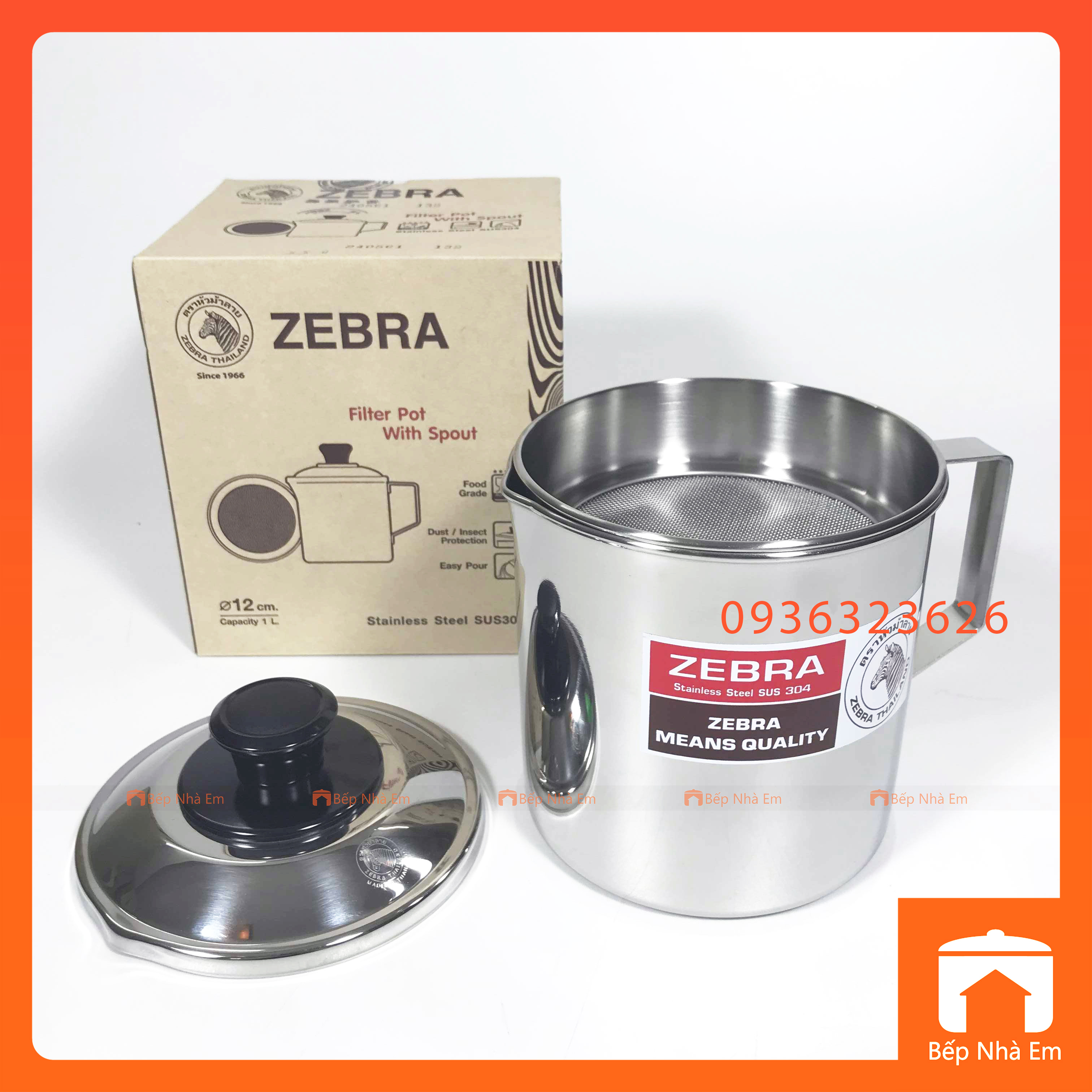 Ca Nước ZEBRA Có Nắp và Vỉ Lược Dung Tích 1L  (Inox 304) - 151101 - Hàng Nhập Khẩu Thái Lan