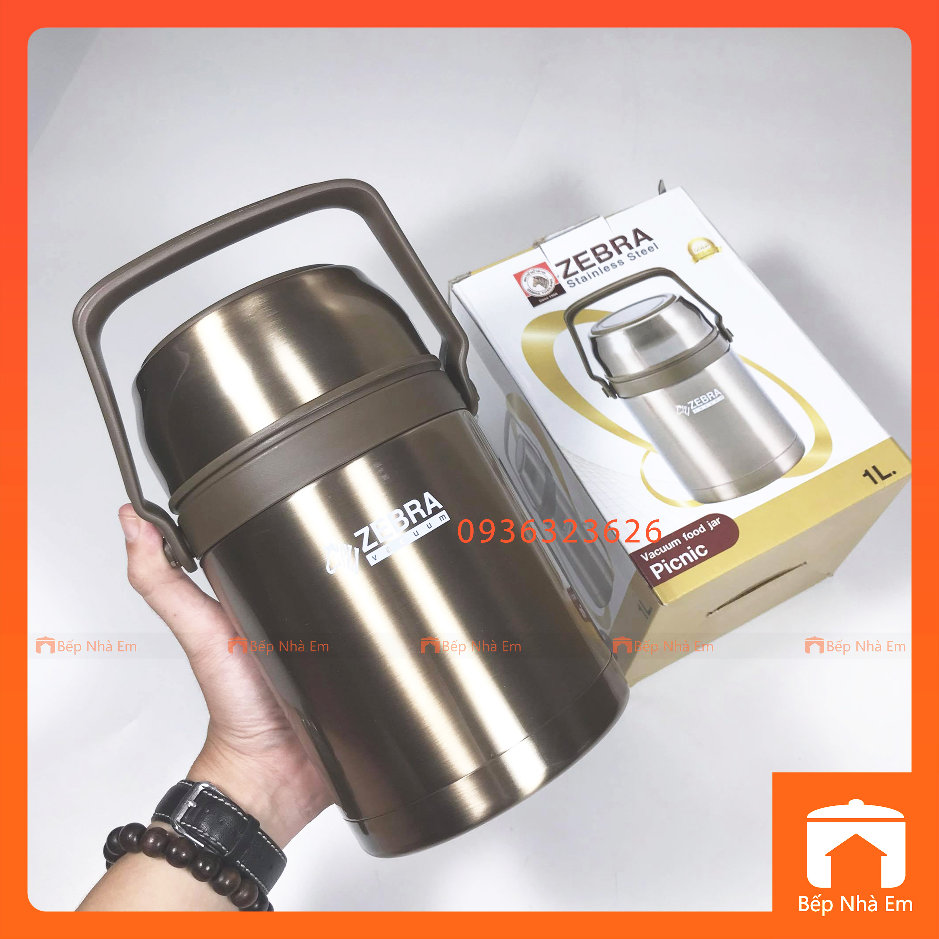 Camen - Bình Ủ Cháo Inox 304 ZEBRA Picnic 1L Vàng Đồng  - 152435 - Hàng Nhập Khẩu Thái Lan
