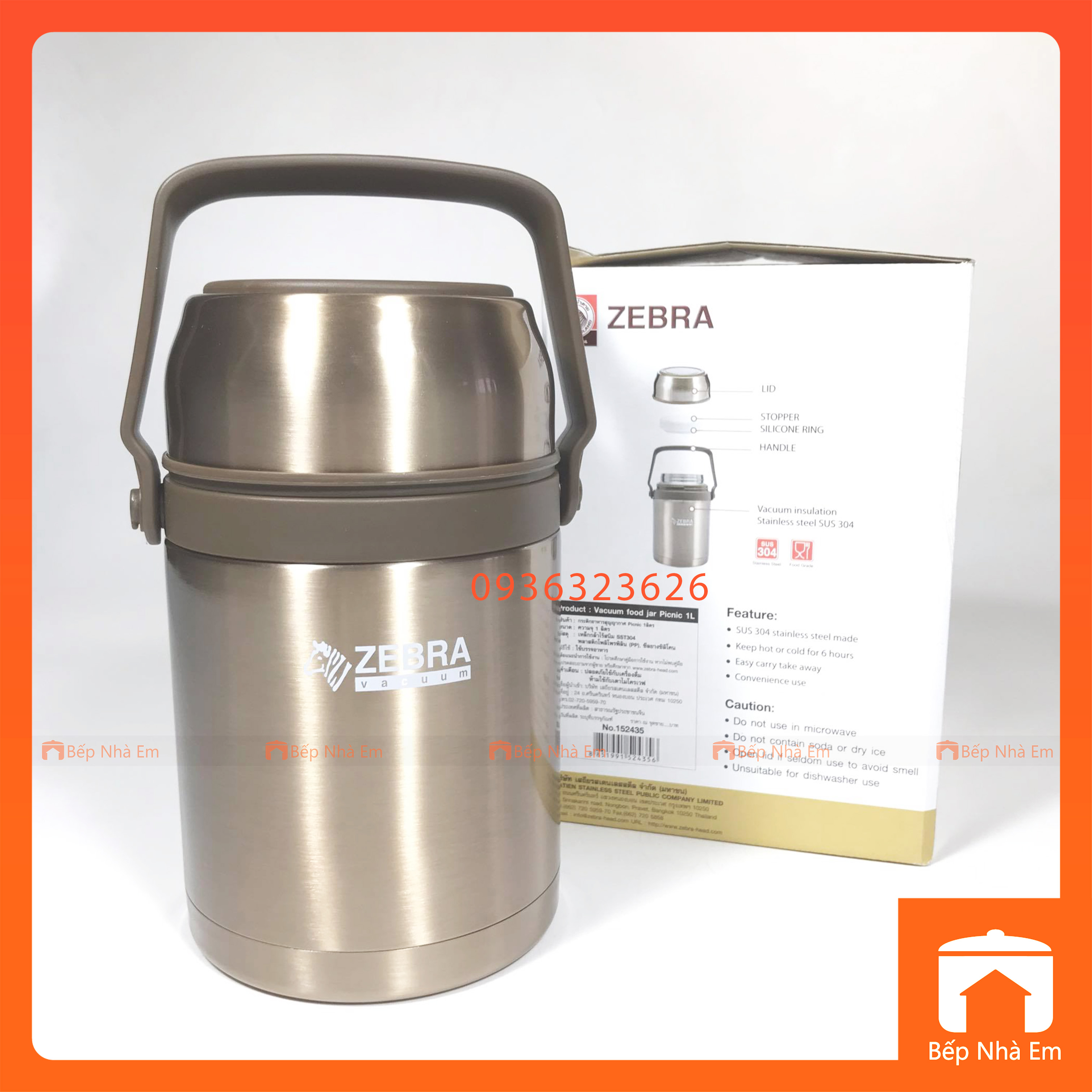 Camen - Bình Ủ Cháo Inox 304 ZEBRA Picnic 1L Vàng Đồng  - 152435 - Hàng Nhập Khẩu Thái Lan