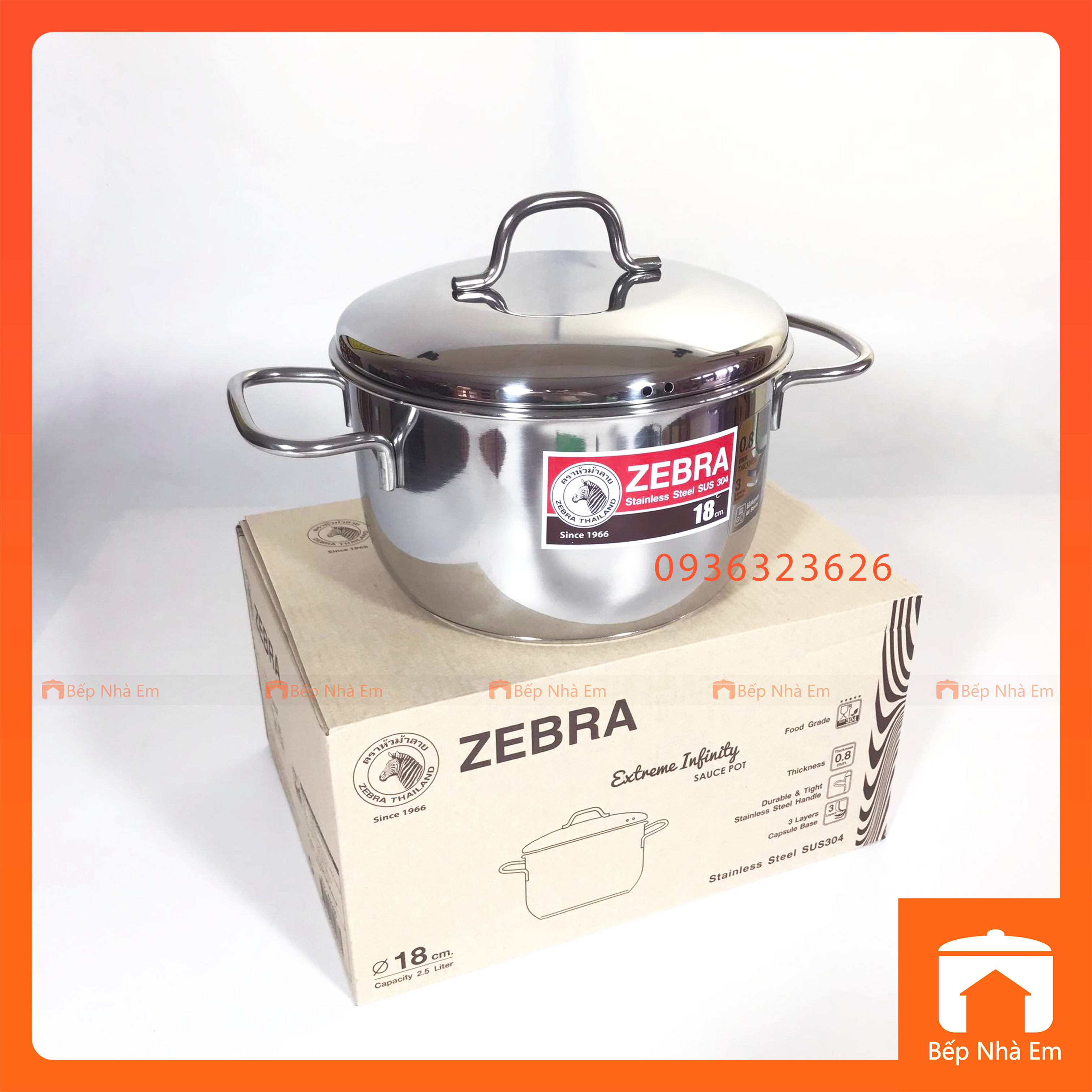 Nồi ZEBRA 3 Đáy Extreme Infinity 18cm 2.5L (Inox 304) - 162286 - Hàng Nhập Khẩu Thái Lan
