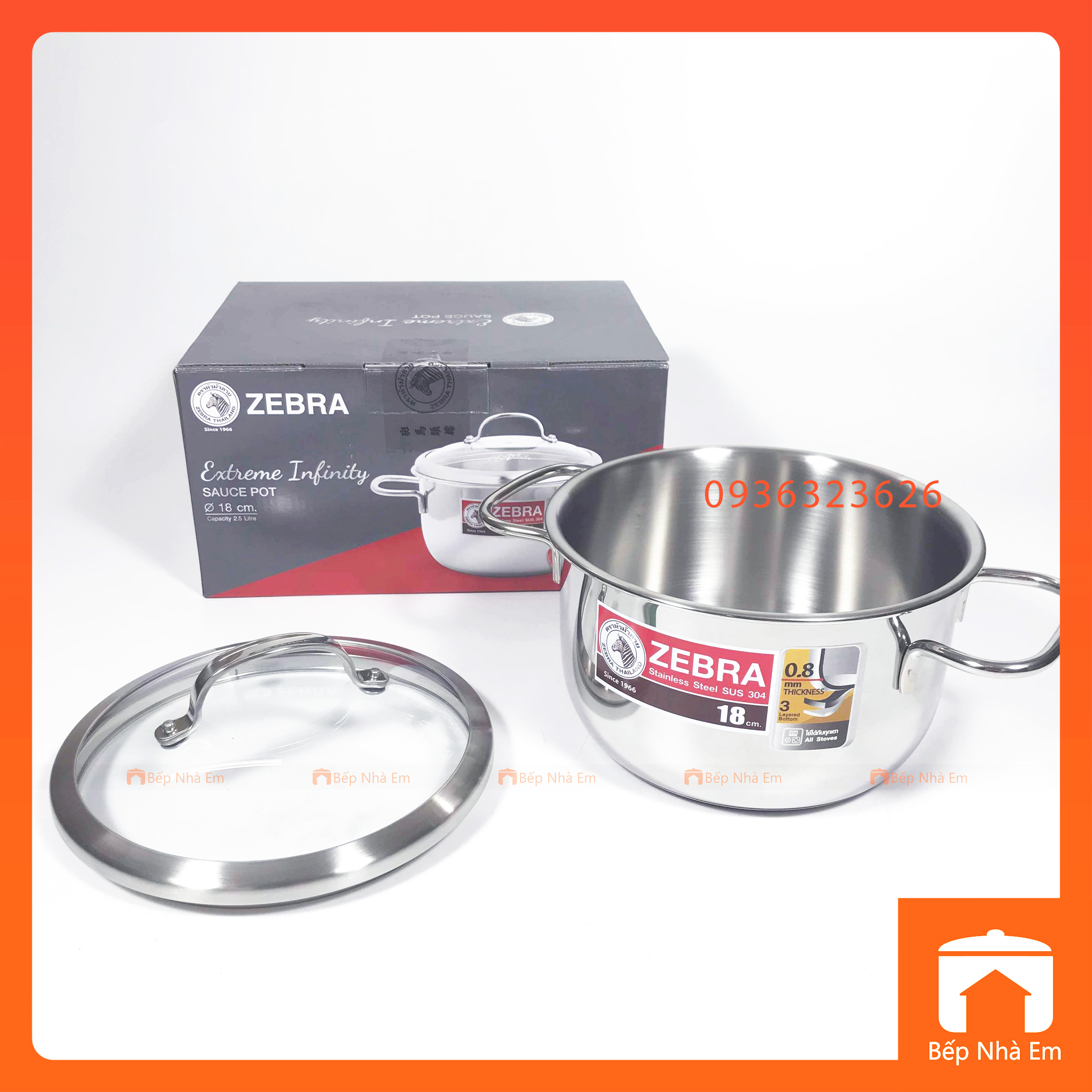 Nồi ZEBRA 3 Đáy Extreme Infinity 18cm 2.5L Nắp Kính (Inox 304) - 162295 - Hàng Nhập Khẩu Thái Lan