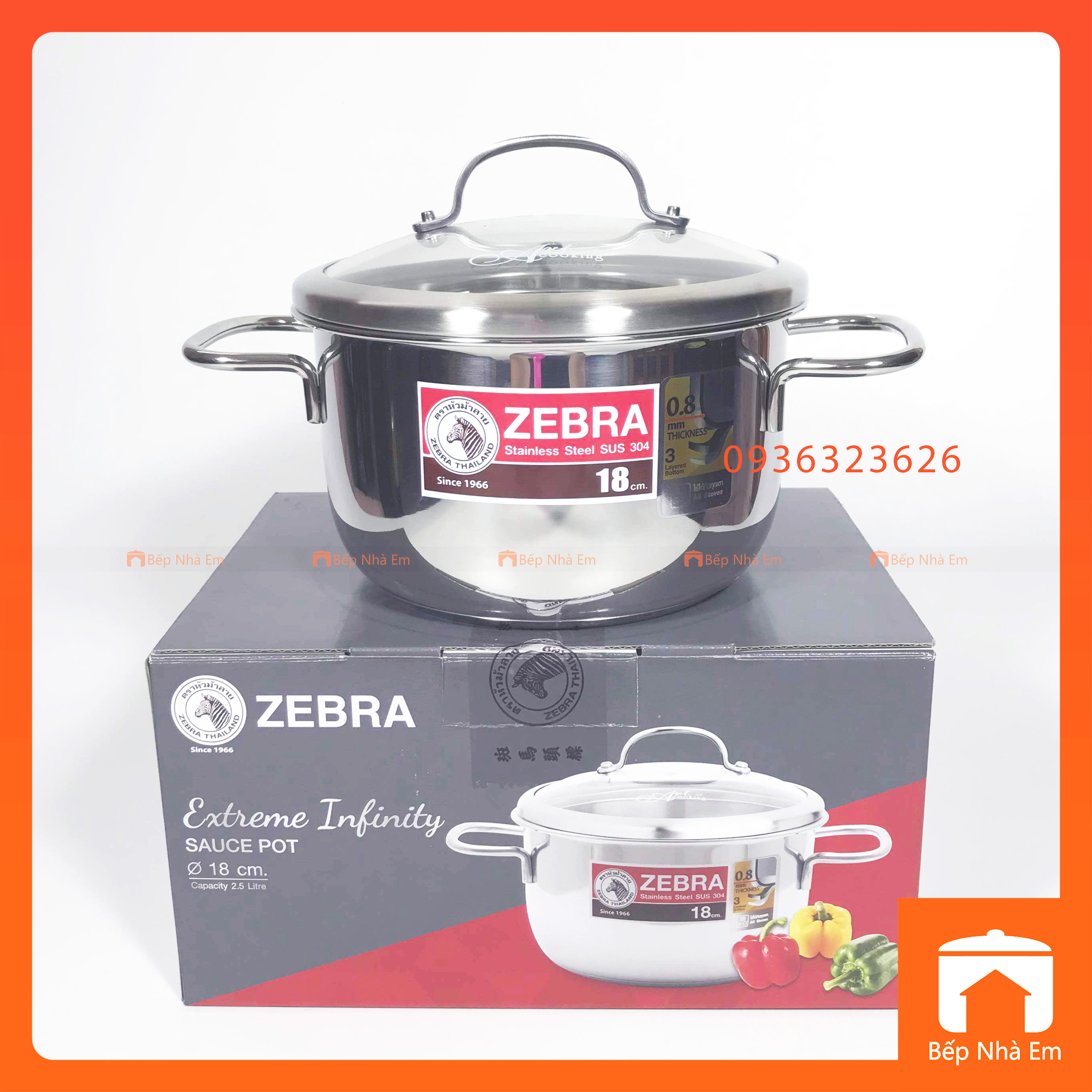 Nồi ZEBRA 3 Đáy Extreme Infinity 18cm 2.5L Nắp Kính (Inox 304) - 162295 - Hàng Nhập Khẩu Thái Lan