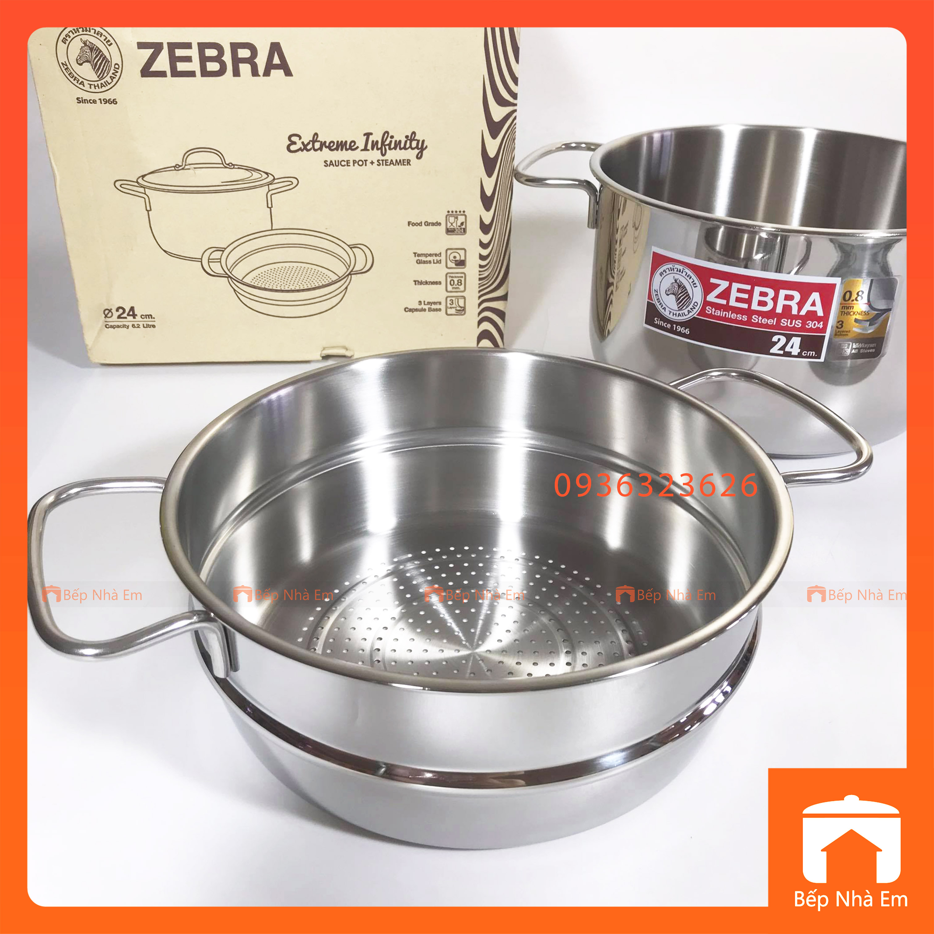Bộ Nồi Xửng Hấp ZEBRA 3 Đáy Nắp Kính Extreme Infinity 24cm 6.2L (Inox 304) - 163640 - Hàng Nhập Khẩu Thái Lan