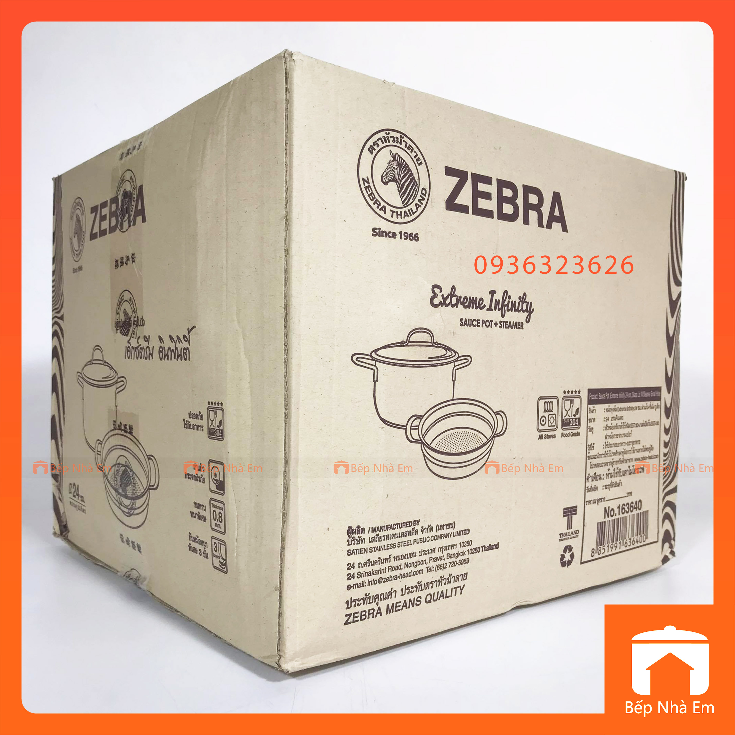 Bộ Nồi Xửng Hấp ZEBRA 3 Đáy Nắp Kính Extreme Infinity 24cm 6.2L (Inox 304) - 163640 - Hàng Nhập Khẩu Thái Lan