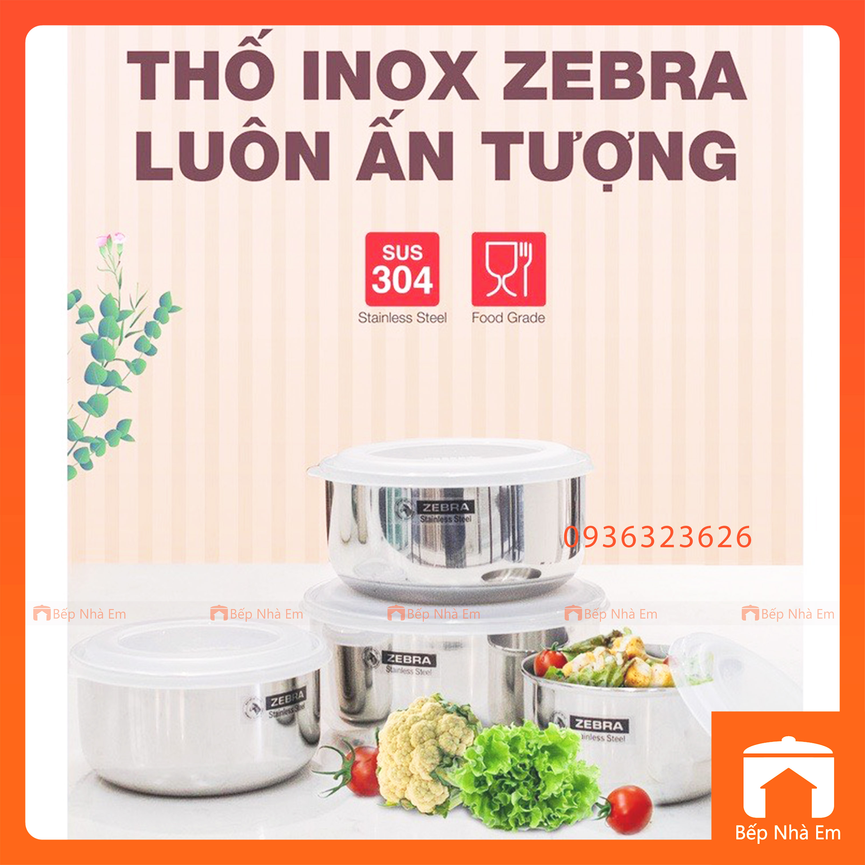 Bộ 4 Thố ZEBRA Inox 304 Có Nắp Nhựa 12 14 16 18cm - Hàng Nhập Khẩu Chính Hãng