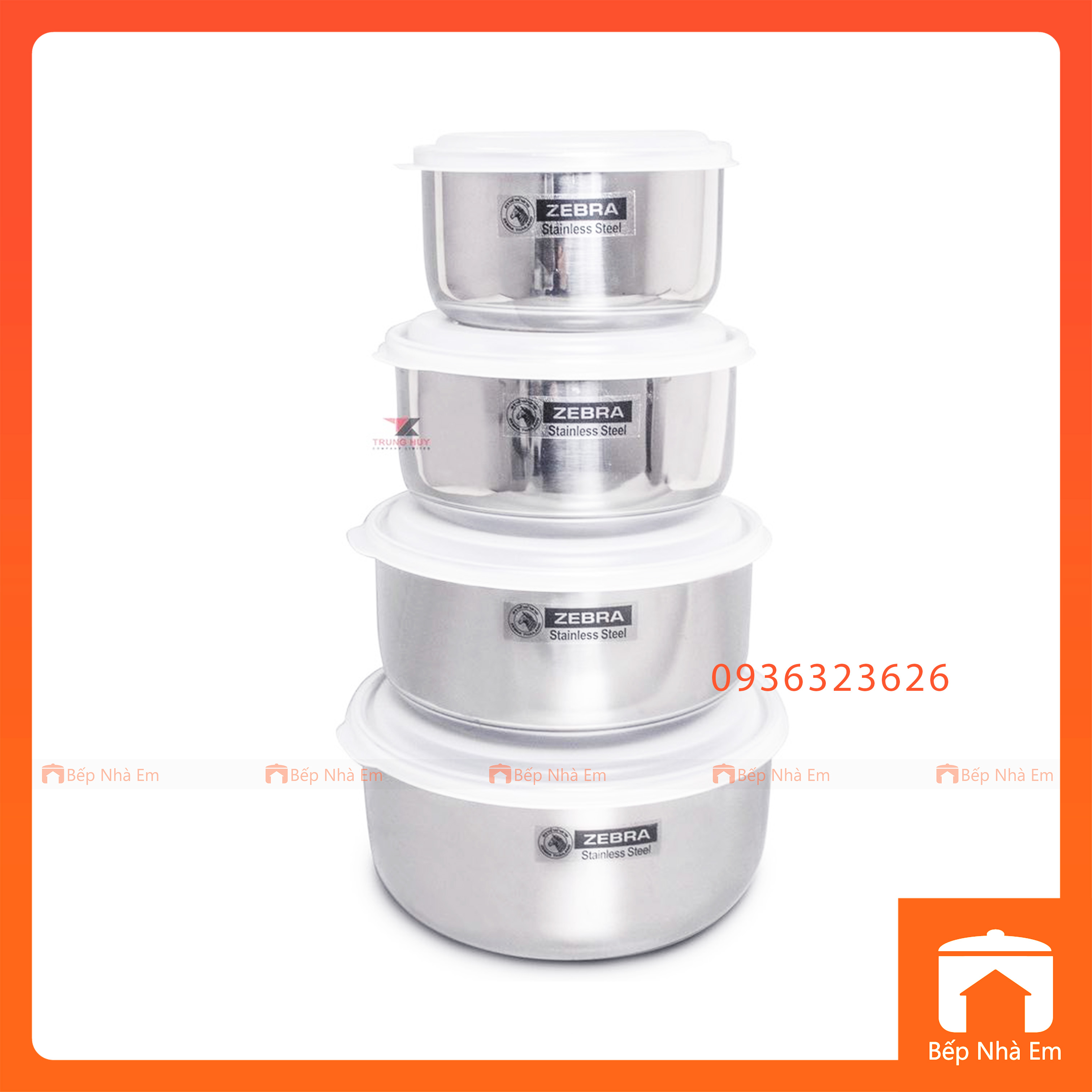 Bộ 4 Thố ZEBRA Inox 304 Có Nắp Nhựa 12 14 16 18cm - Hàng Nhập Khẩu Chính Hãng