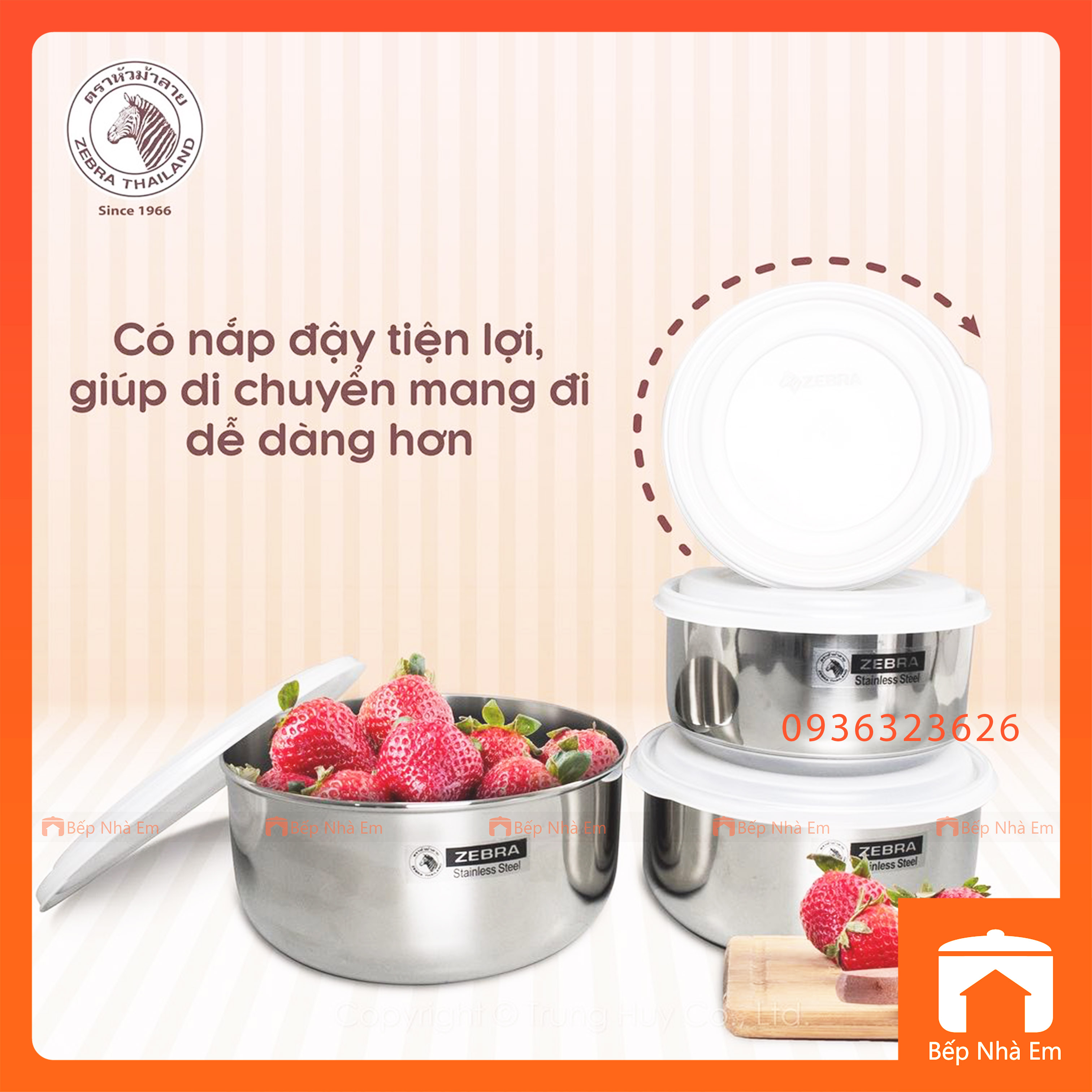 Bộ 4 Thố ZEBRA Inox 304 Có Nắp Nhựa 12 14 16 18cm - Hàng Nhập Khẩu Chính Hãng