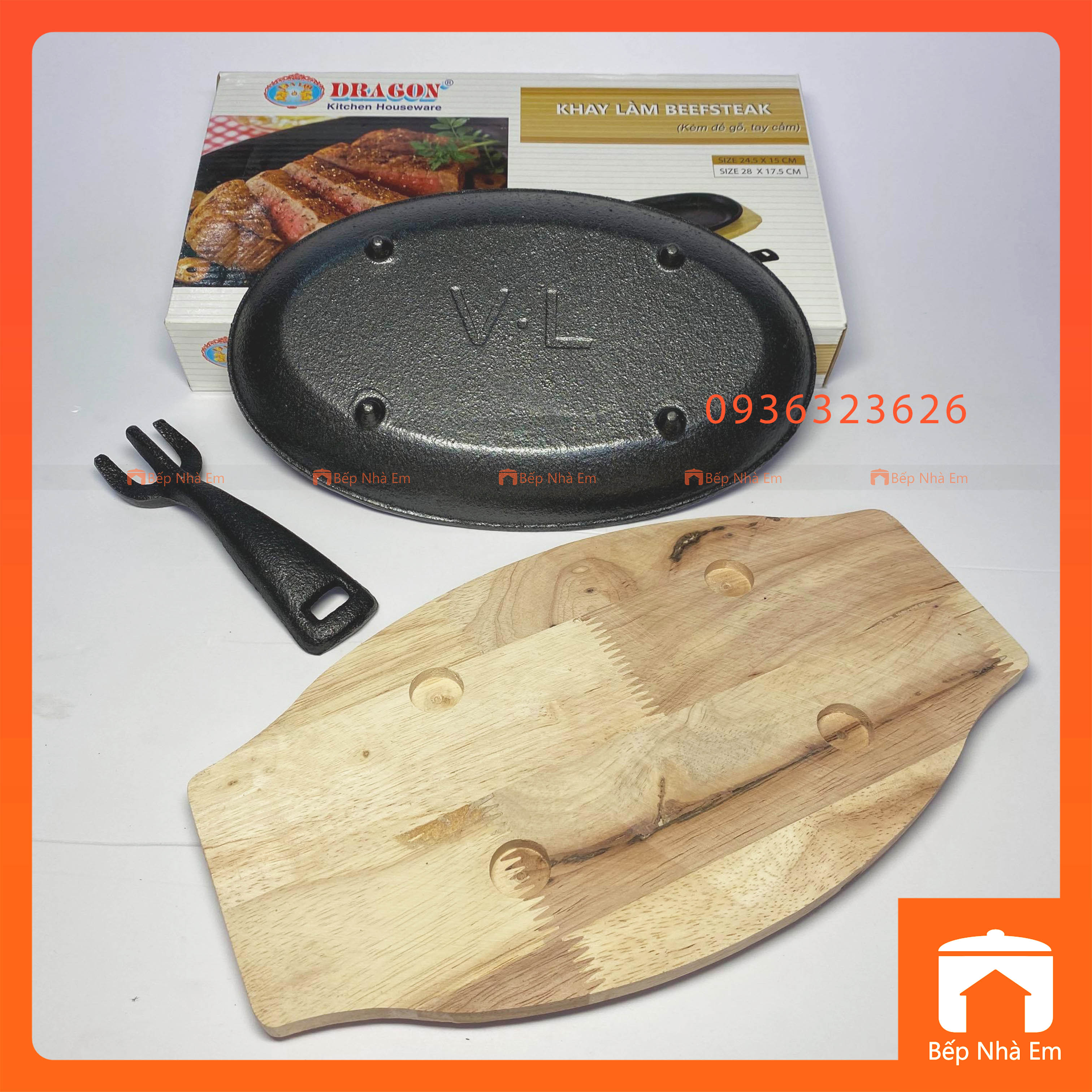 Bộ Khay Làm Beefsteak Oval Có Đế Gỗ và Tay Cầm Vạn Lợi Cao Cấp - Hàng Việt Nam Sản Xuất