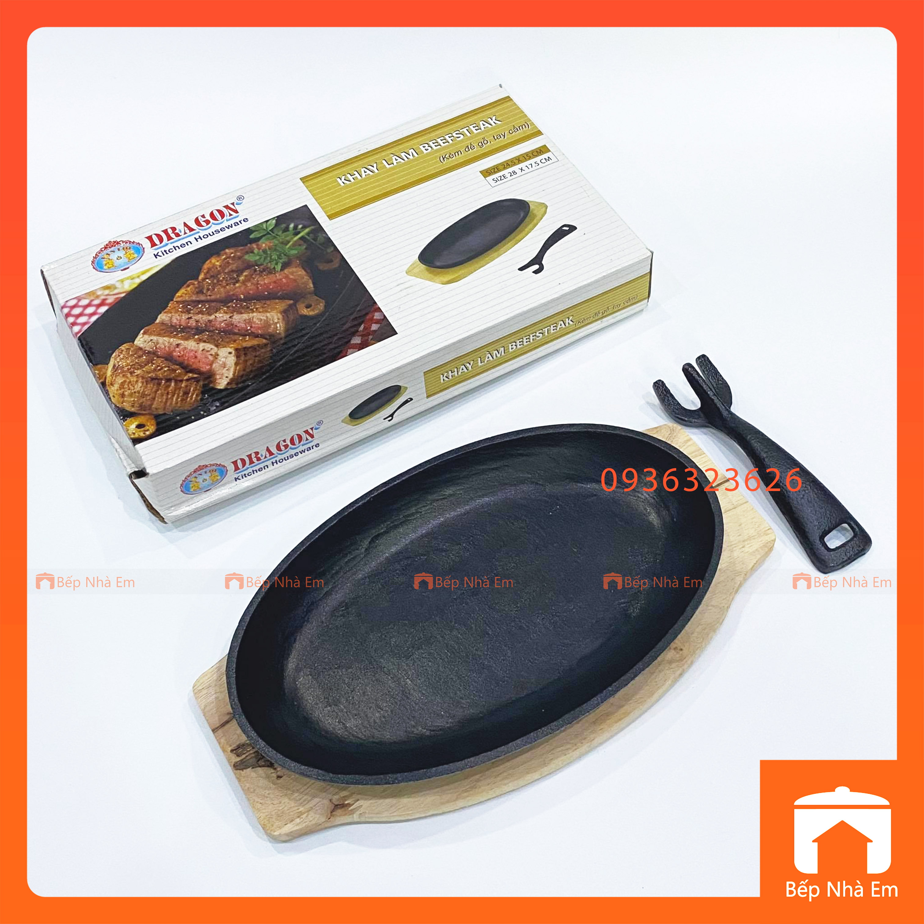 Bộ Khay Làm Beefsteak Oval Có Đế Gỗ và Tay Cầm Vạn Lợi Cao Cấp - Hàng Việt Nam Sản Xuất