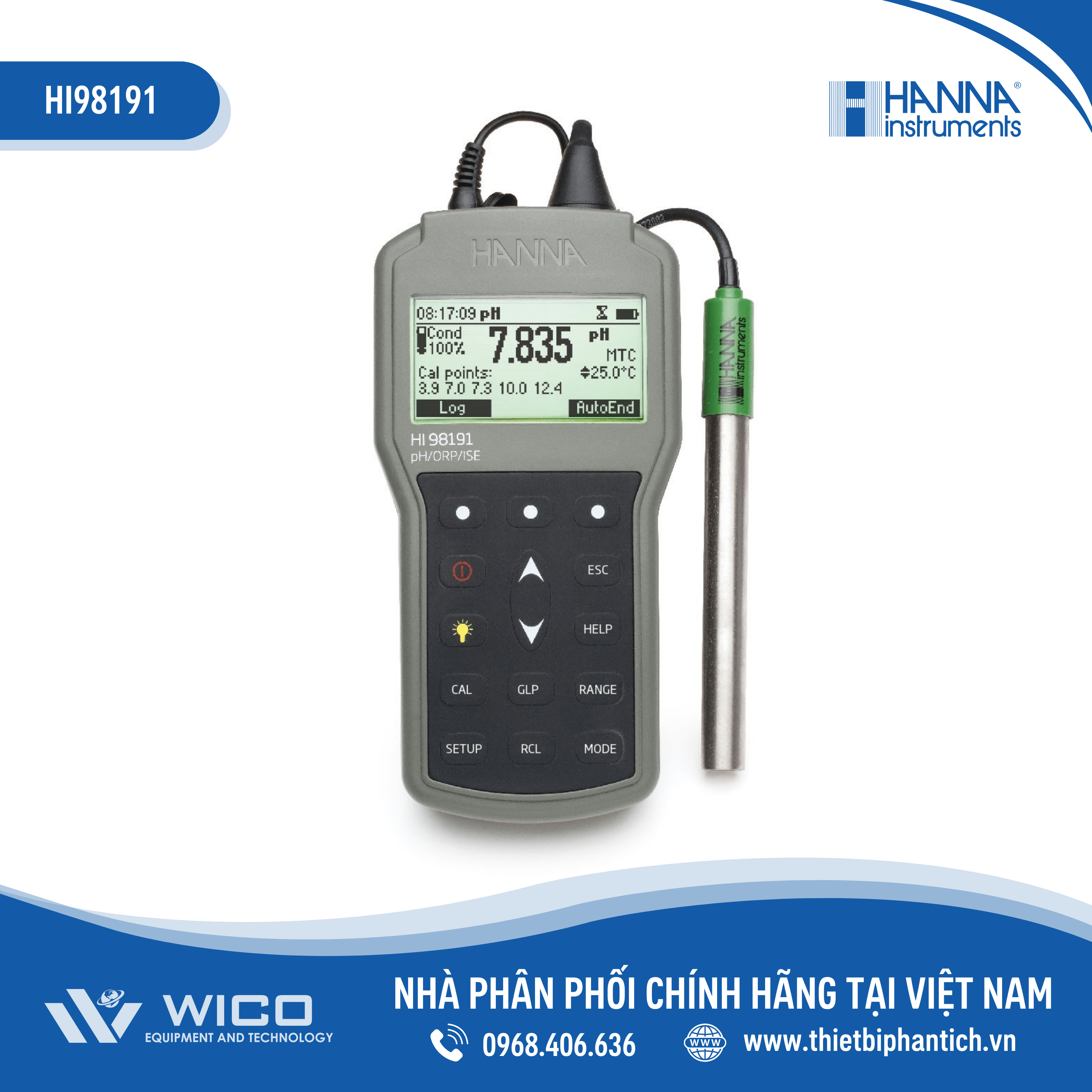 Máy Đo pH/ORP/ISE/Nhiệt Độ Chống Thấm Nước HI98191 Hanna