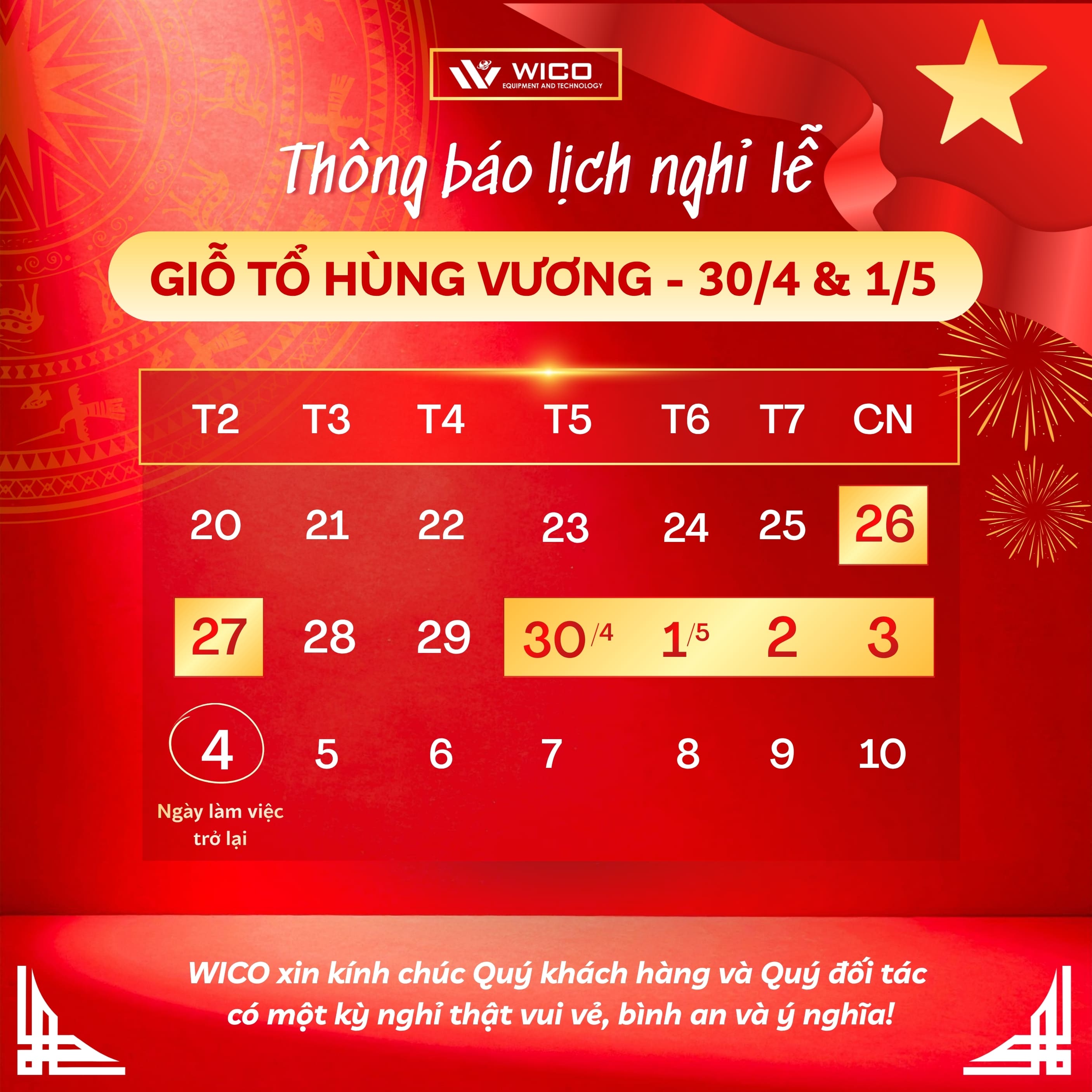 THÔNG BÁO NGHỈ LỄ GIỖ TỔ HÙNG VƯƠNG, 30/4 & 1/5