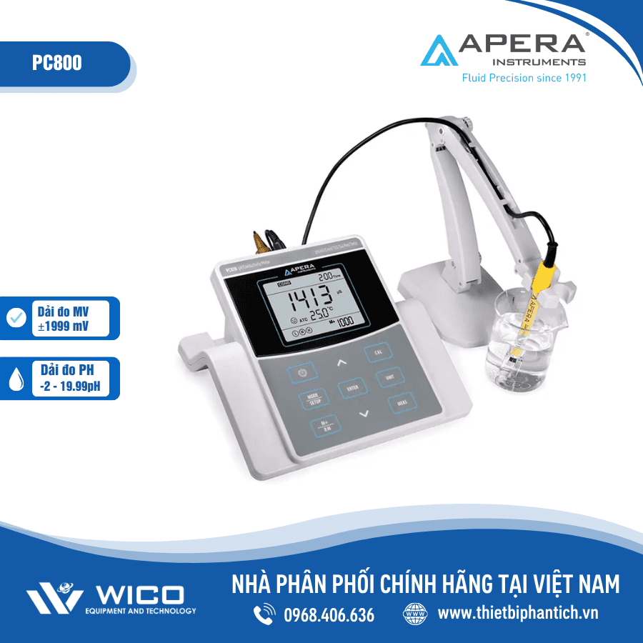 Máy đo pH/mV/độ dẫn/TDS/Độ mặn/Trở kháng/Nhiệt độ để bàn Apera - Mỹ PC800