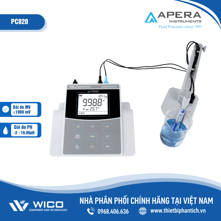 Máy đo pH/mV/độ dẫn/TDS/Độ mặn/Trở kháng/Nhiệt độ để bàn Apera - Mỹ PC820