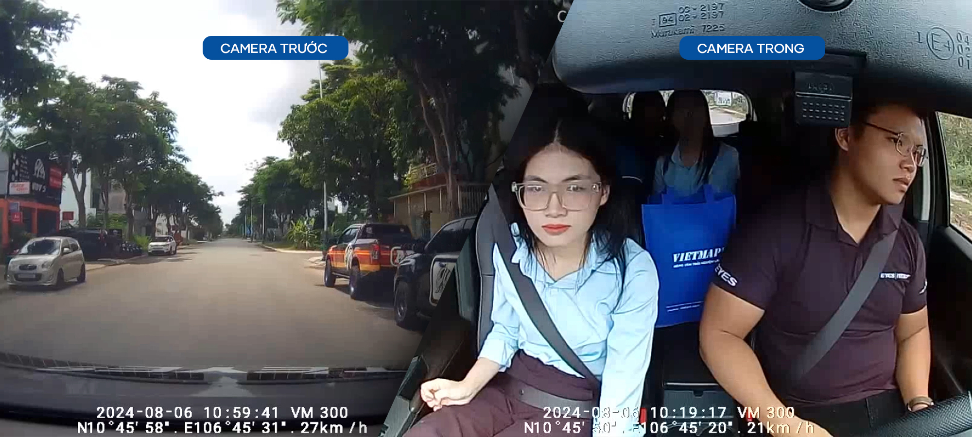 Camera hành trình VIETMAP VM300 được trang bị ống kính F2.0, với độ phân giải Full HD 1080p cho camera trước và 720p cho camera trong 
