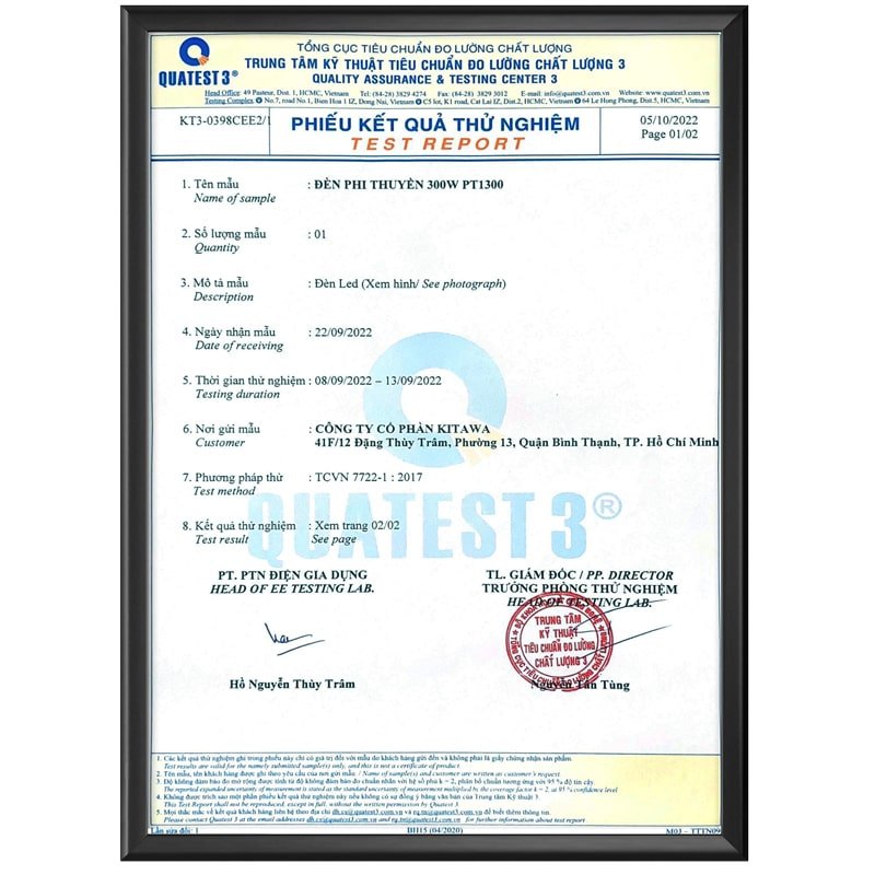 Sản phẩm đèn năng lượng mặt trời của Kitawa được cấp chứng nhận Quatest 3