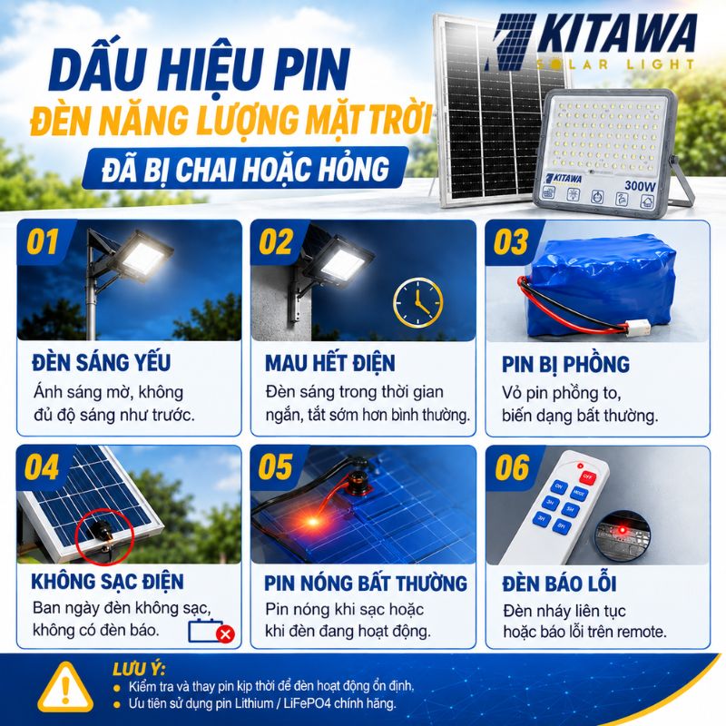 Các dấu hiệu pin đèn năng lượng mặt trời bị chai hoặc xuống cấp 