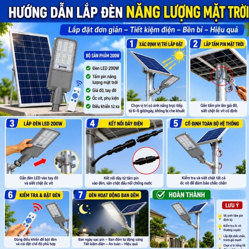 Hướng dẫn lắp đèn đường năng lượng mặt trời 200W
