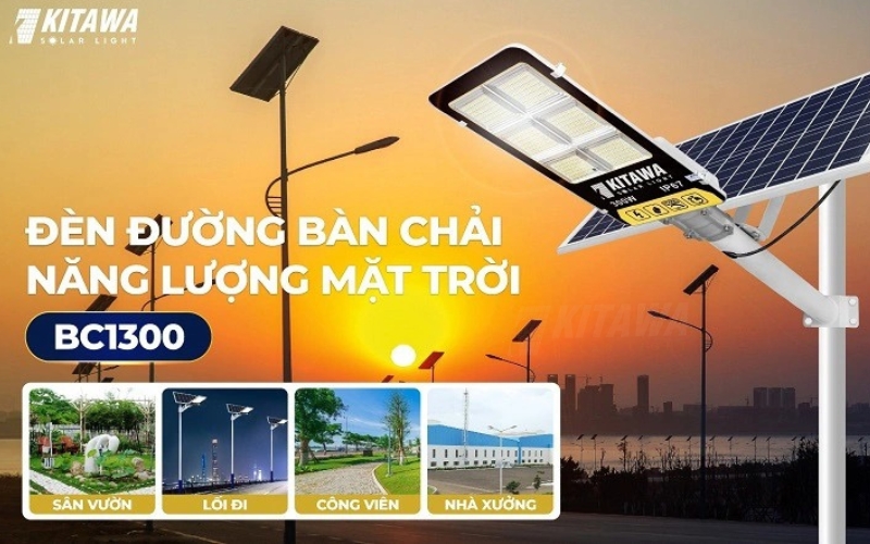 Mẫu đèn đường bàn chải năng lượng mặt trời KITAWA 300W BC1300 ứng dụng trong dự án