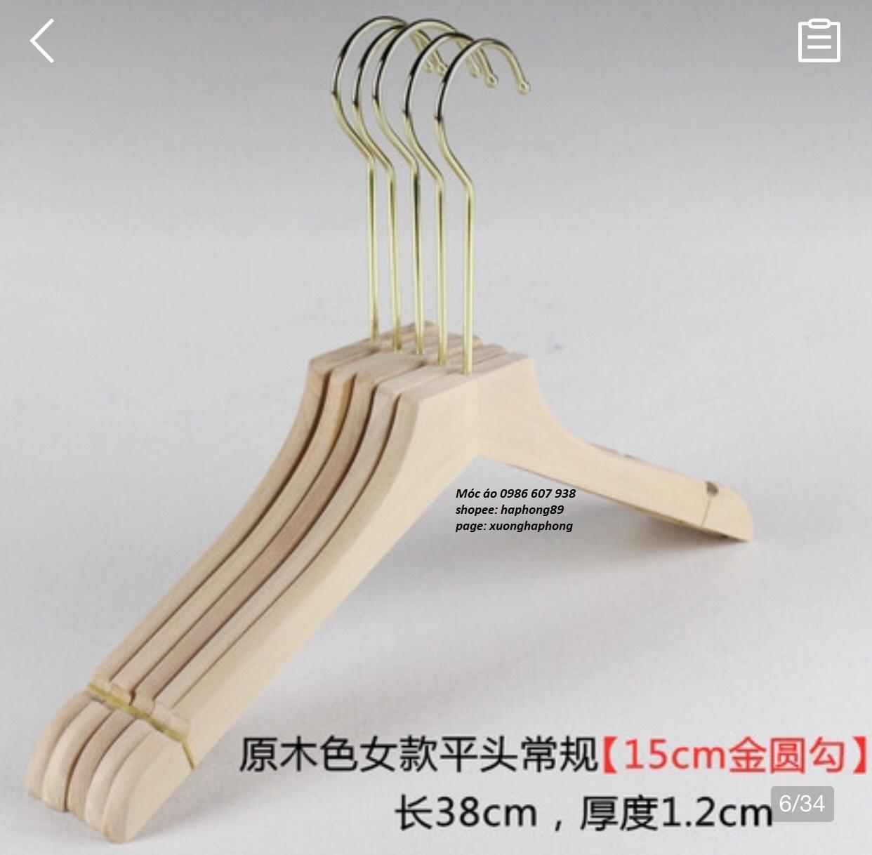 Móc áo gỗ mộc vuông,đầu móc tròn vàng 15cm