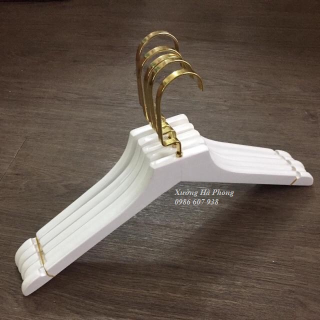 Móc áo gỗ trắng đầu vuông, đầu móc vuông ngắn vàng