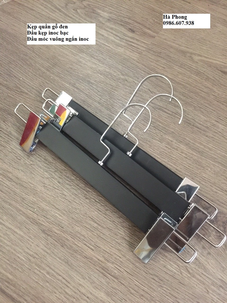kẹp quần gỗ đen,đầu kẹp inoc bạc,đầu móc vuông ngắn inoc