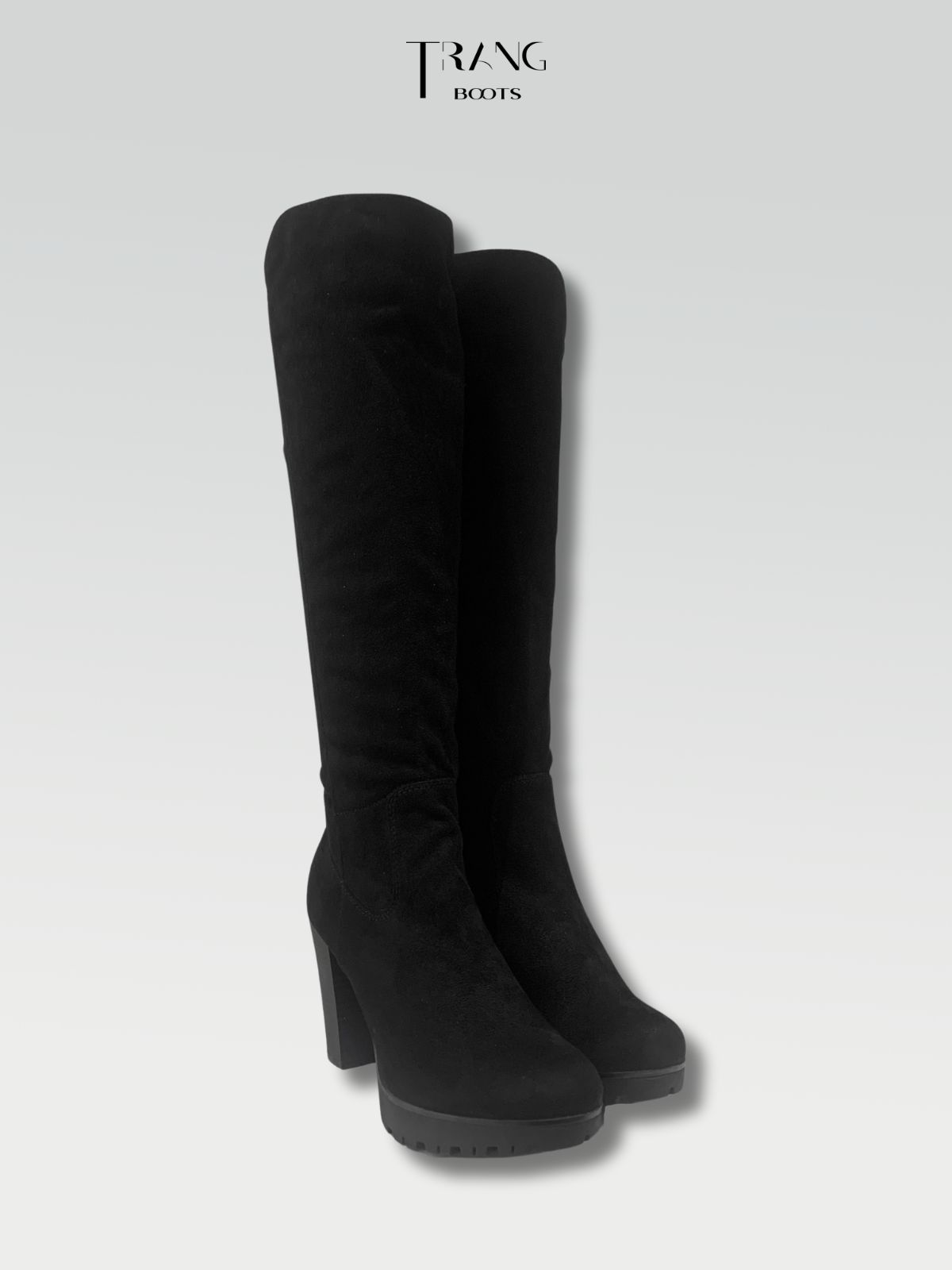 KNEE BOOTS SUEDE BLACK - KNEE BOOTS MŨI TRÒN DA LỘN ĐẾ TRỤ ĐEN