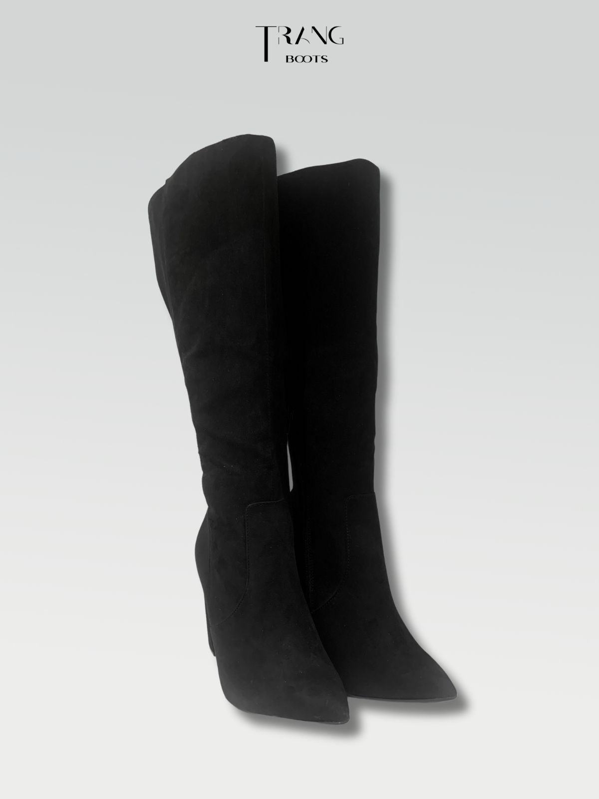 KNEE BOOTS SUEDE BLACK - KNEE BOOTS MŨI NHỌN GÓT TRỤ DA LỘN PHỐI THUN ĐEN