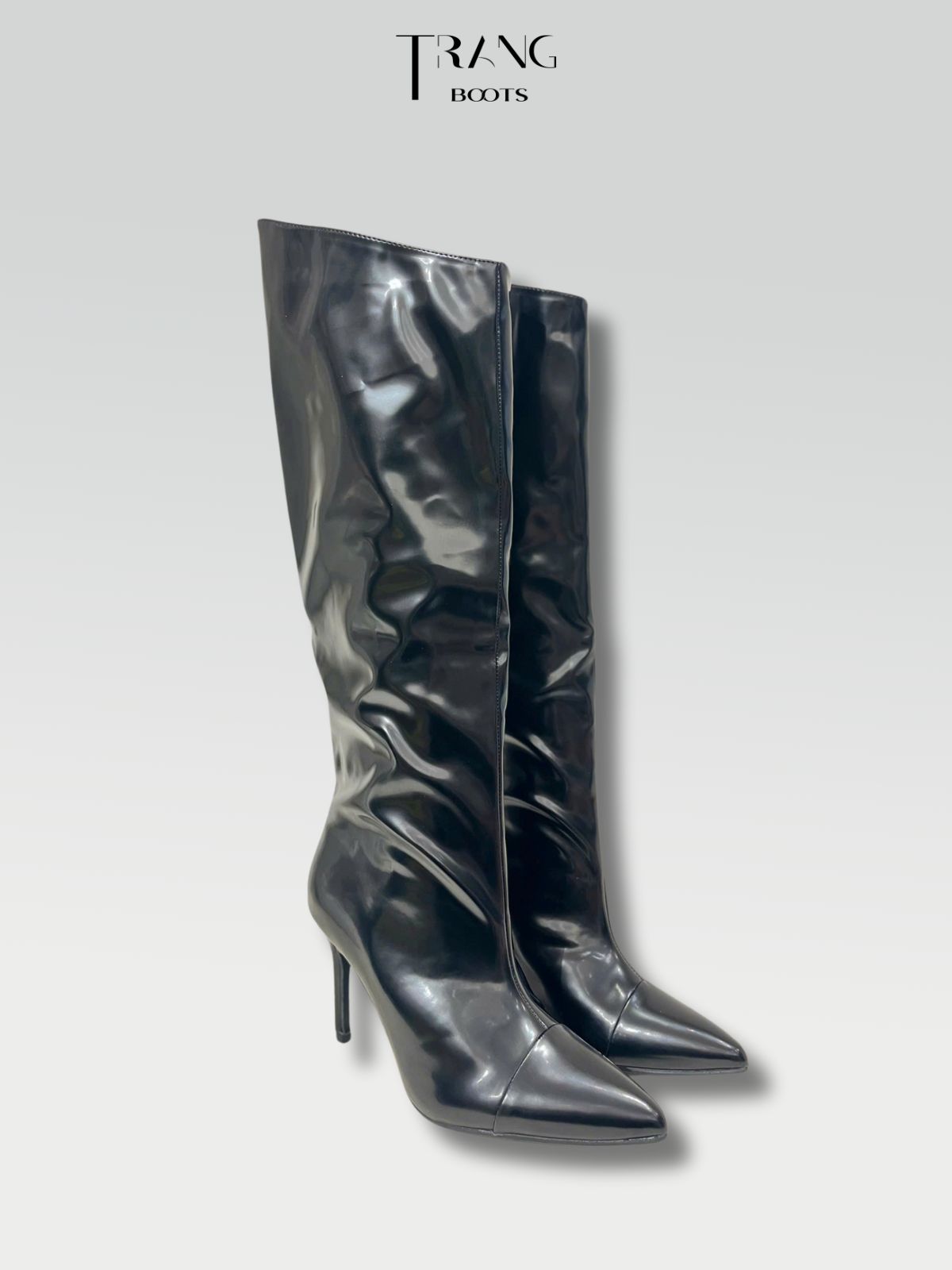 KNEE BOOTS DA BÓNG ỐNG ĐỨNG GÓT NHỌN MÀU TRẮNG