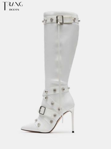 KNEE BOOTS MŨI NHỌN ĐÍNH HOẠ TIẾT CÁ TÍNH MÀU TRẮNG