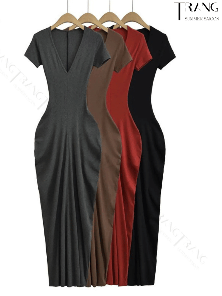 ĐẦM ÔM BODY DÁNG DÀI CỔ CHỮ V NHẤN EO