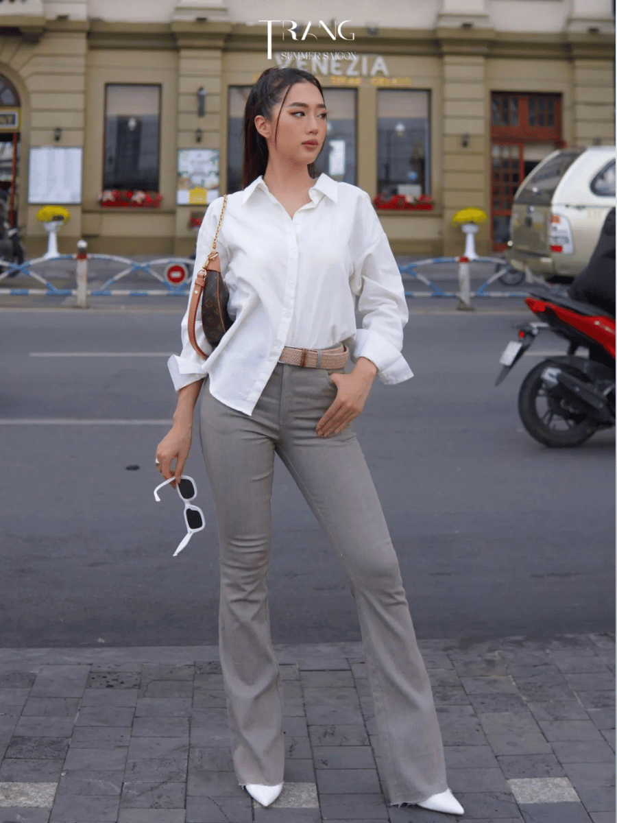 JAN HIGH WAIST GREY FLARE TROUSERS - QUẦN JEANS JAN XÁM ỐNG LOE LƯNG CAO CO GIÃN