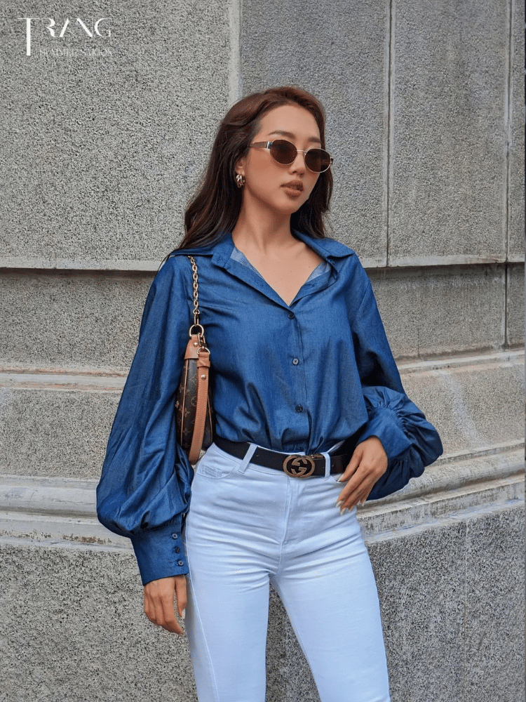 Elegance denim puff sleeve shirt - Áo somi denim tay phồng