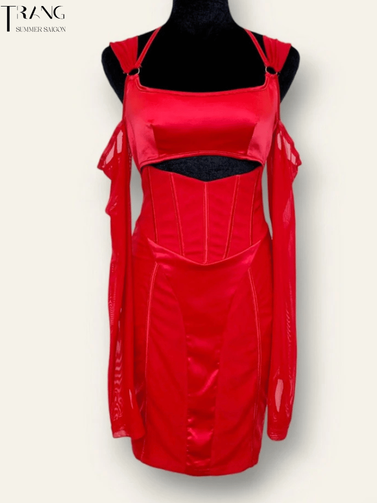 ĐẦM BODY CORSET RỚT VAI TAY LƯỚI