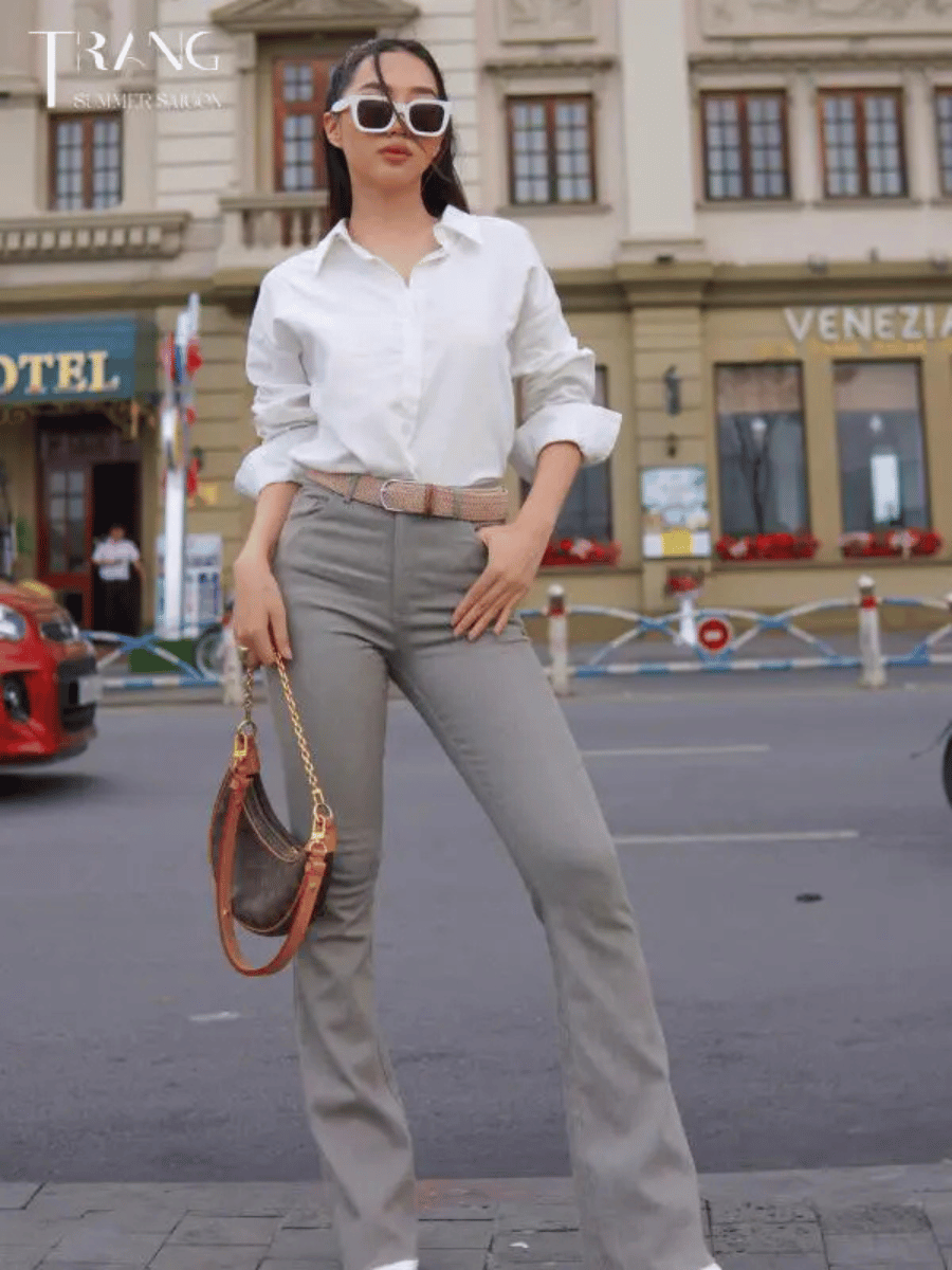 SET ÁO SƠ MI COTTON MONA + QUẦN JEANS ỐNG LOE XÁM