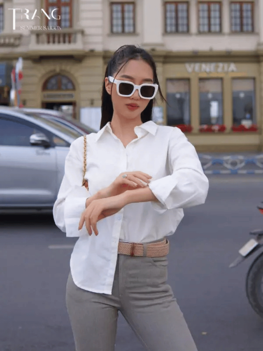 SET ÁO SƠ MI COTTON MONA + QUẦN JEANS ỐNG LOE XÁM