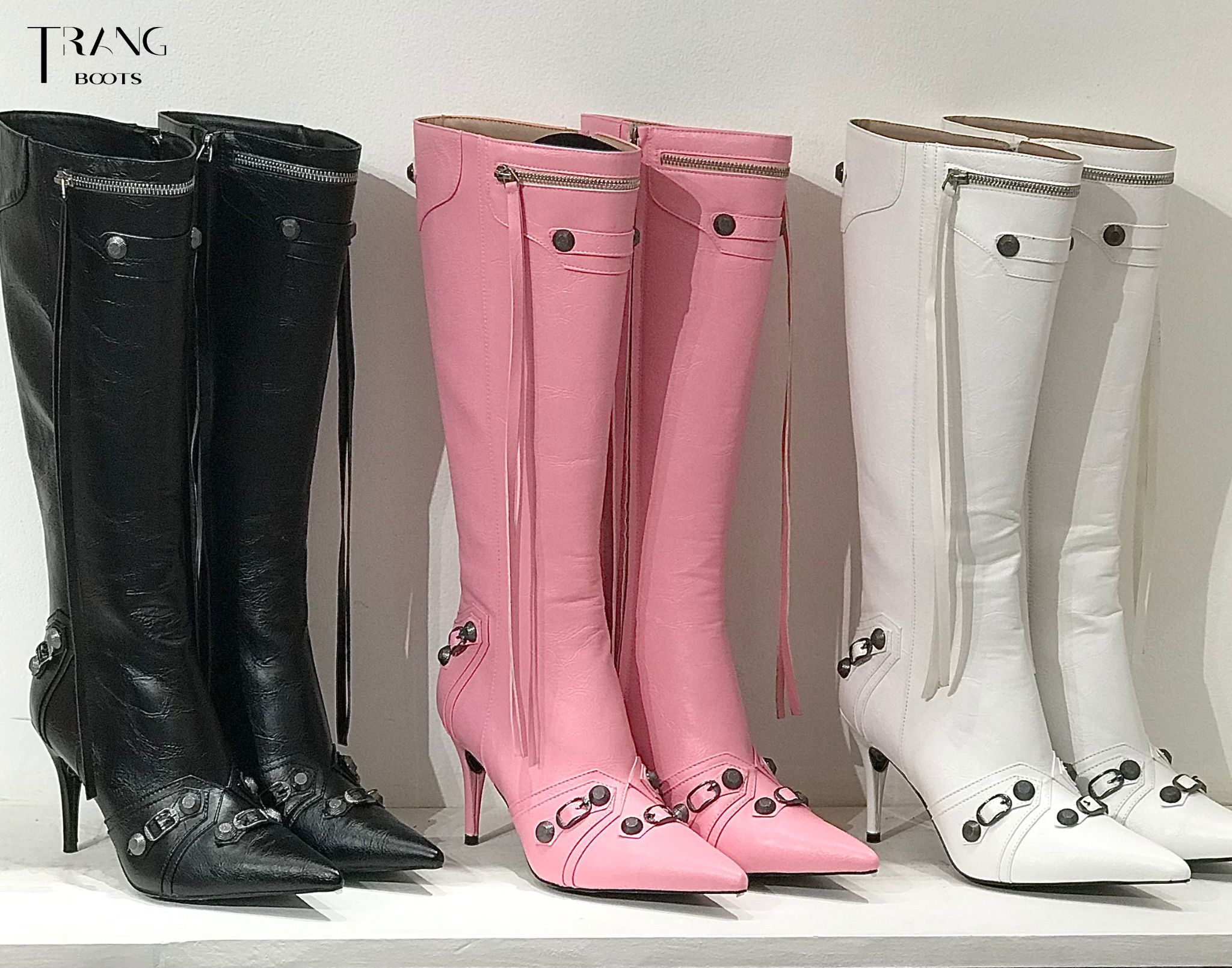 KNEE BOOTS MŨI NHỌN ĐÍNH ĐÁ CÁ TÍNH MÀU HỒNG