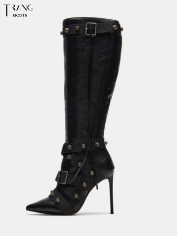 KNEE BOOTS MŨI NHỌN ĐÍNH HOẠ TIẾT CÁ TÍNH MÀU ĐEN