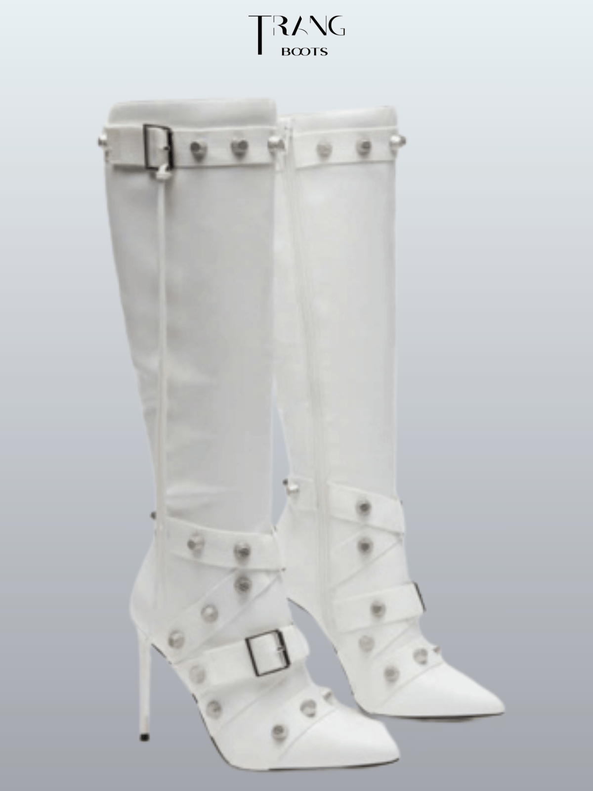 KNEE BOOTS MŨI NHỌN ĐÍNH HOẠ TIẾT CÁ TÍNH MÀU TRẮNG