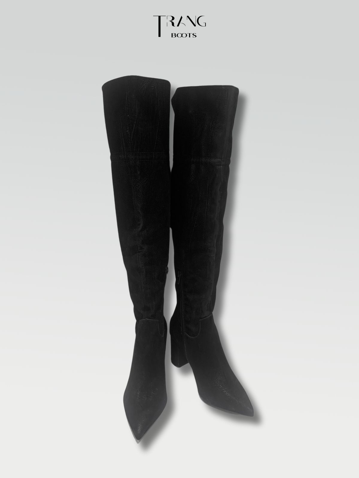 OVER KNEE BOOTS SUEDE BLACK - OVER KNEE BOOTS MŨI NHỌN DA LỘN ĐẾ TRỤ PHỐI DÂY CỘT