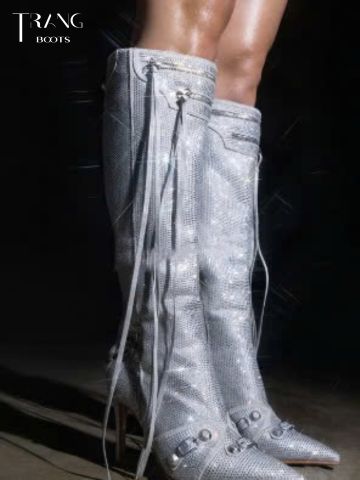 KNEE BOOTS MŨI NHỌN BLING ĐÍNH ĐÁ MÀU BẠC