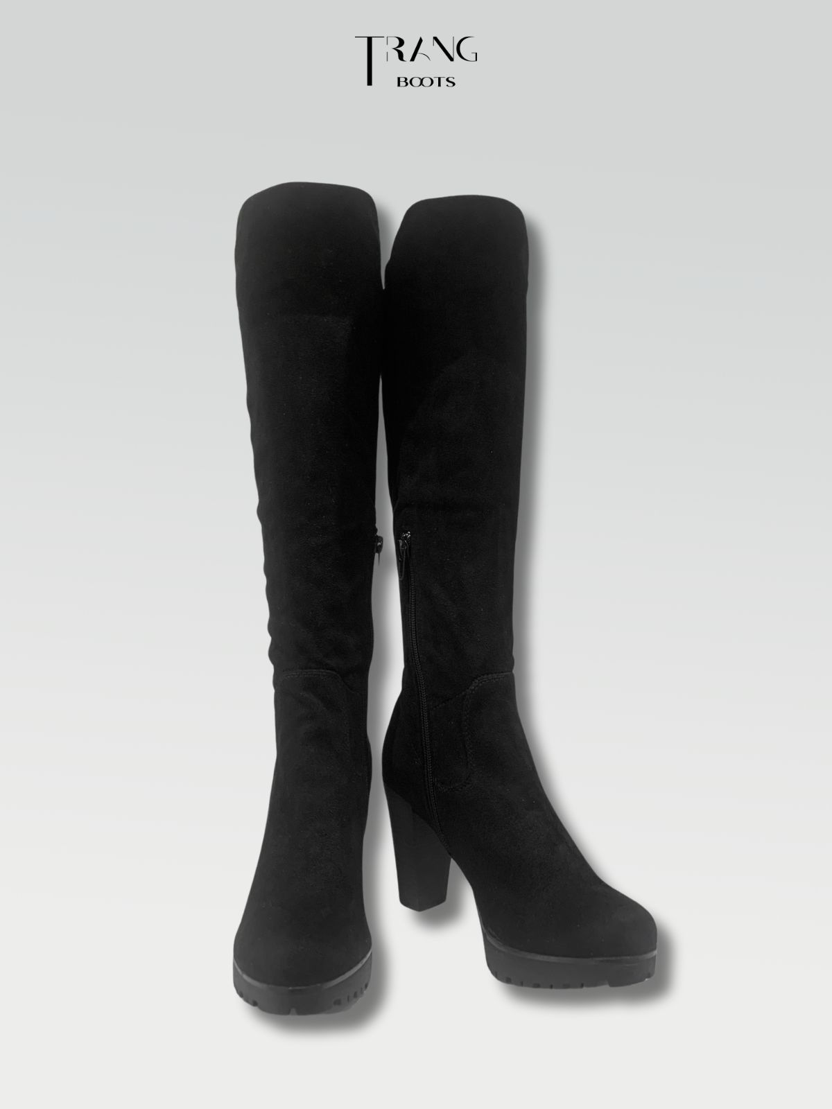 KNEE BOOTS SUEDE BLACK - KNEE BOOTS MŨI TRÒN DA LỘN ĐẾ TRỤ ĐEN