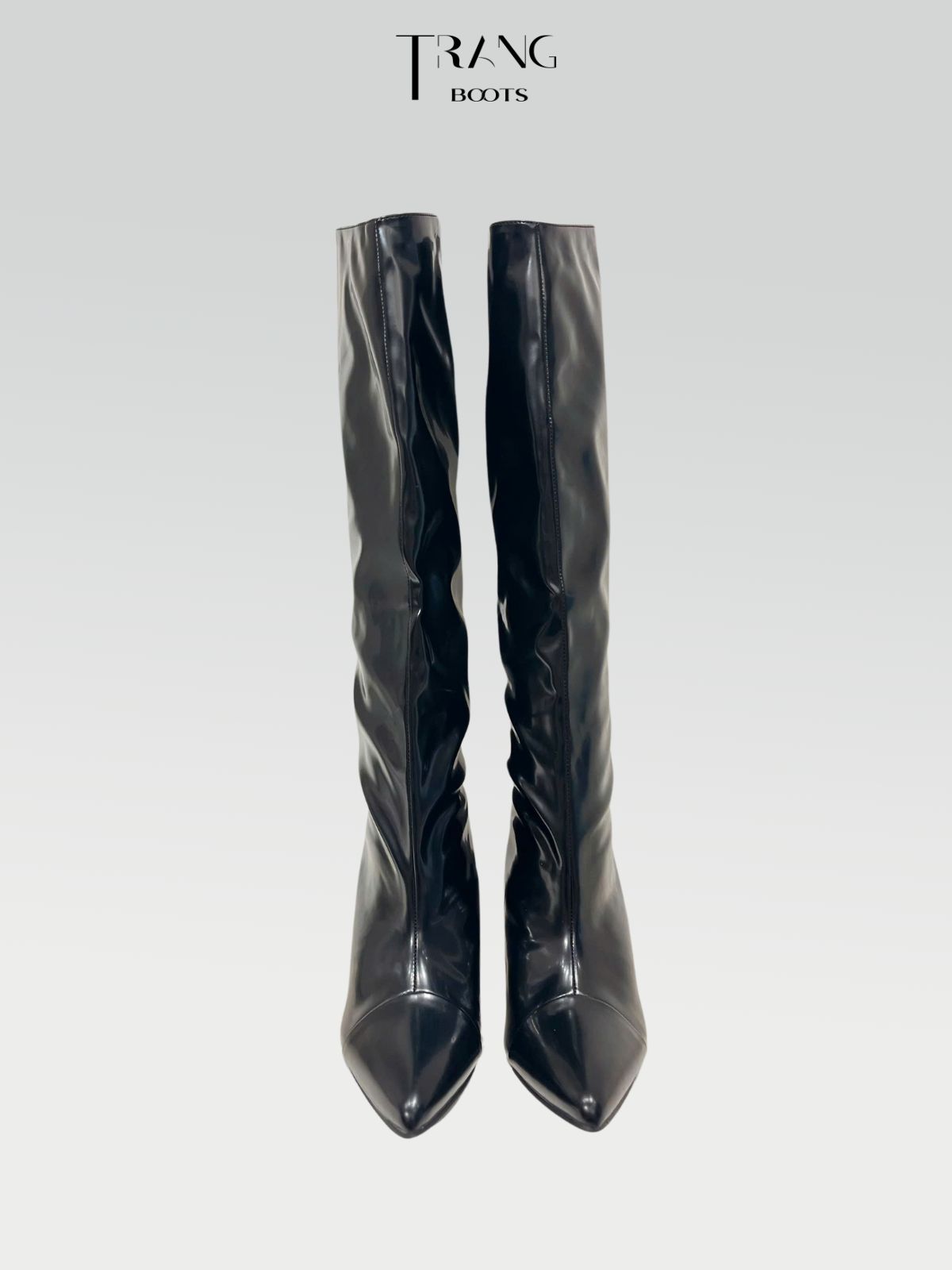 KNEE BOOTS DA BÓNG ỐNG ĐỨNG GÓT NHỌN MÀU TRẮNG