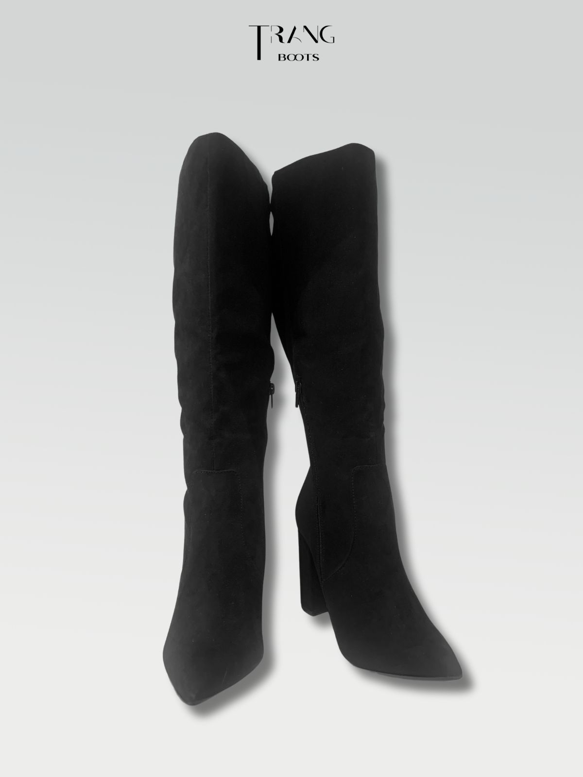 KNEE BOOTS SUEDE BLACK - KNEE BOOTS MŨI NHỌN GÓT TRỤ DA LỘN PHỐI THUN ĐEN