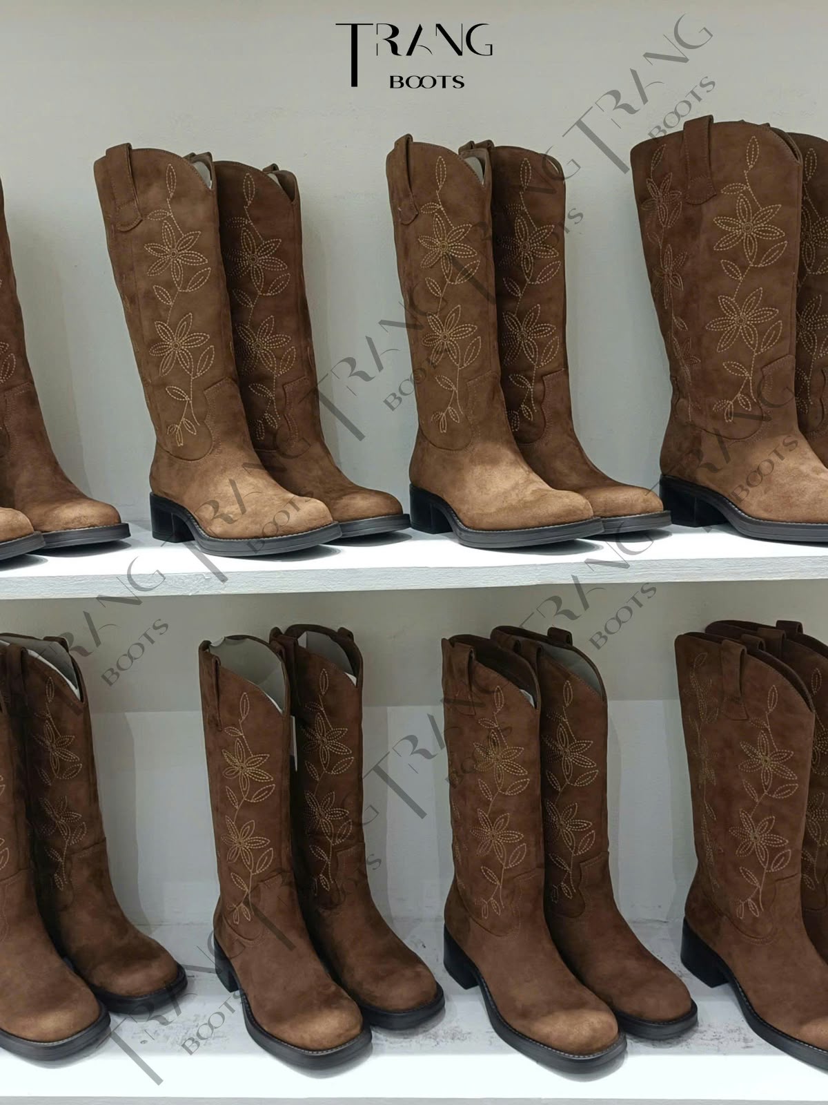 EMBROIDERED SUEDE KNEE-HIGH BOOTS LEFTIES - Boots Gối Da Lộn Nâu Thêu Hoa