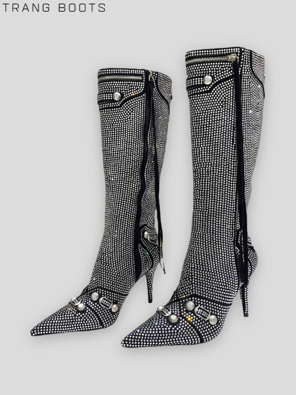 KNEE BOOTS MŨI NHỌN BLING ĐÍNH ĐÁ MÀU ĐEN