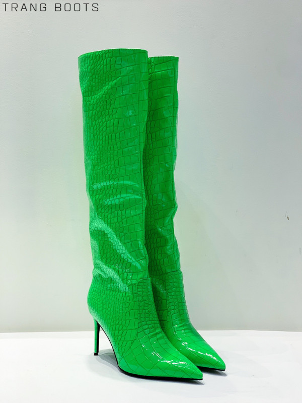 KNEE BOOTS MŨI NHỌN DA RẮN GÓT NHỌN