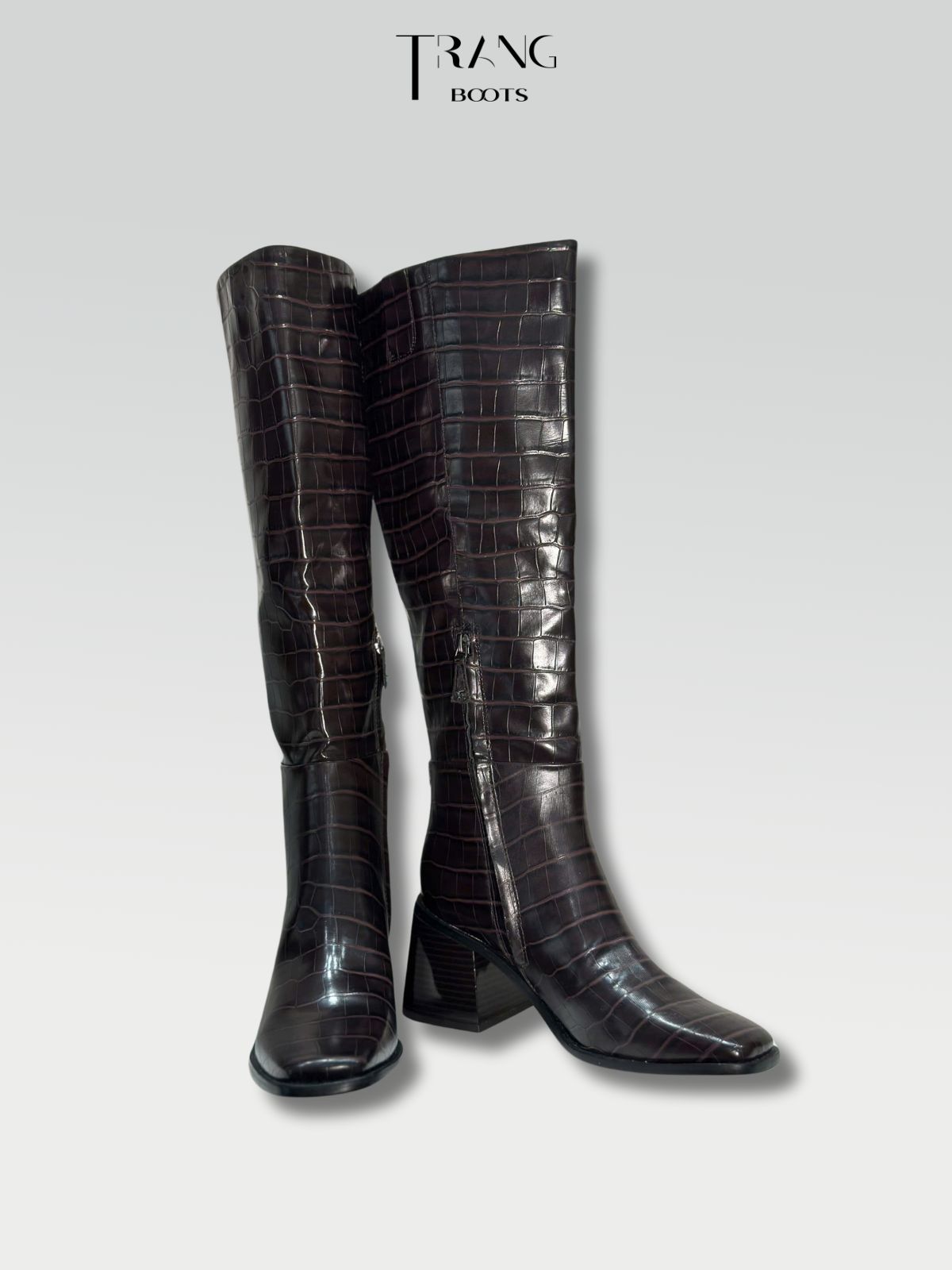 LEATHER KNEE BOOTS SAM ELDERMEN - KNEE BOOTS DA THẬT VÂN RẮN GÓT TRỤ MÀU NÂU