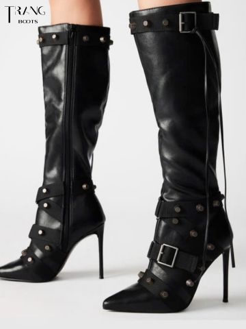 KNEE BOOTS MŨI NHỌN ĐÍNH HOẠ TIẾT CÁ TÍNH MÀU ĐEN